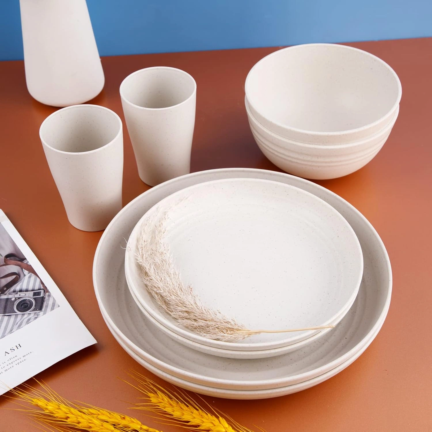 White Wheat Straw Dinnerware Sets for 8,Microwave Dishwasher Safe,Unbreakable ,Reusable Tableware Set,Beige Set Plates, Bowls, Cups. — view 10