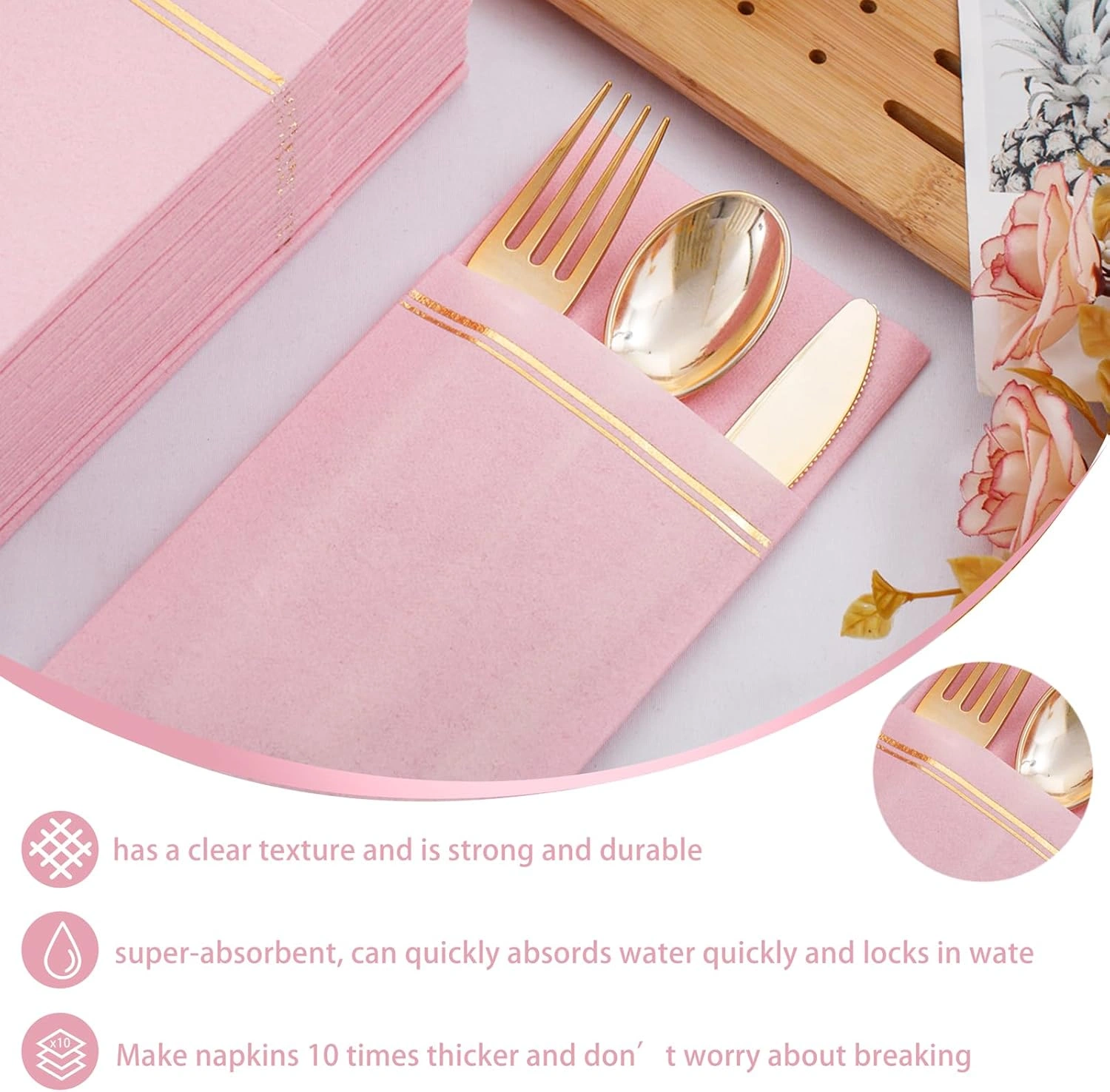 Pink Paper Napkins with Built-in Flatware Pocket — view 15