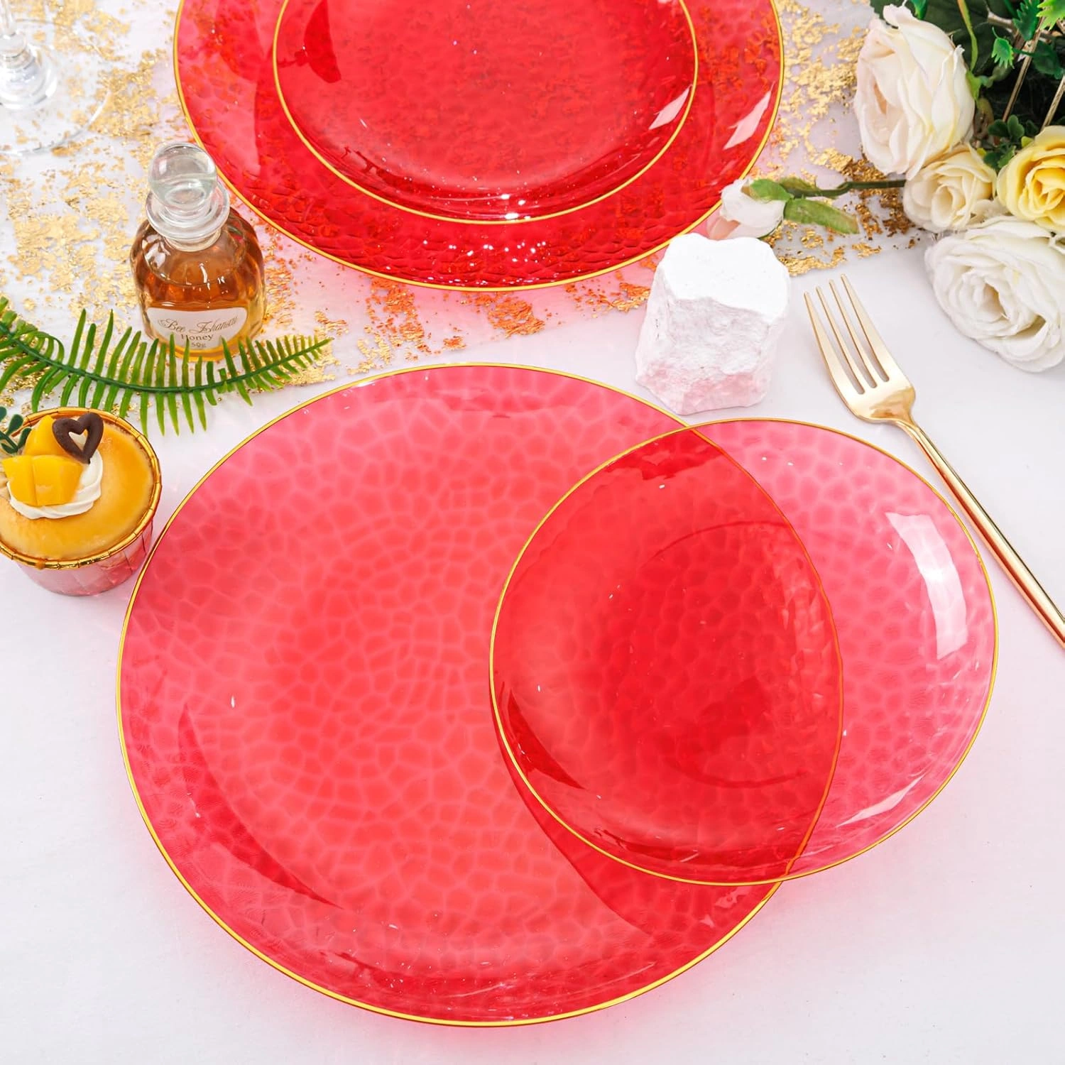 Clear Red Gold Plastic Plates,Disposable Plates With Rim,Heavy-duty Plates,Hammered Party Plates Include 30Clear Dessert-Platos,30Dinner-Platos for Wedding, Party (60 Pieces) — view 12