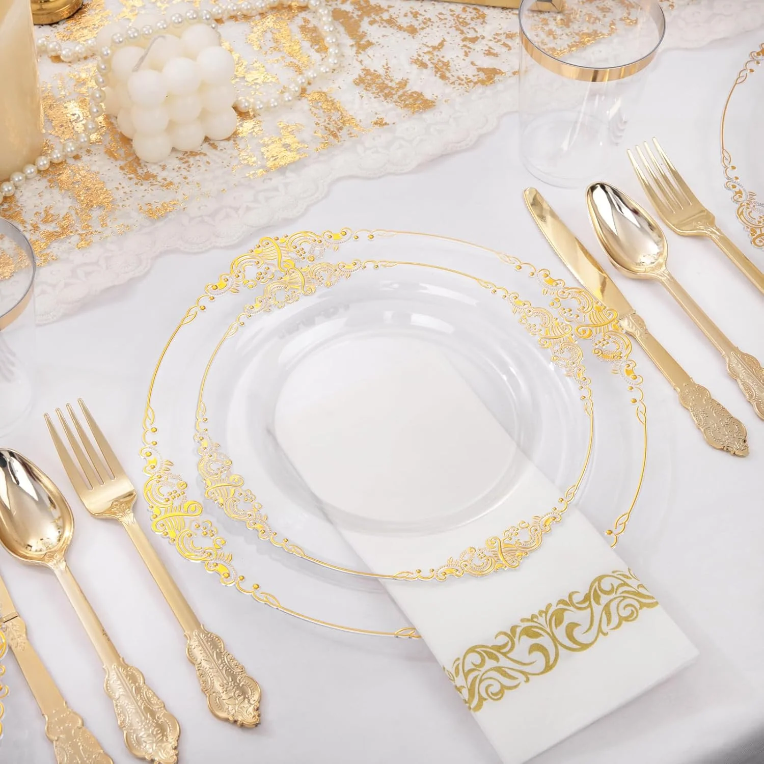 Clear Gold Dinnerware Set for 50 Guests — view 15