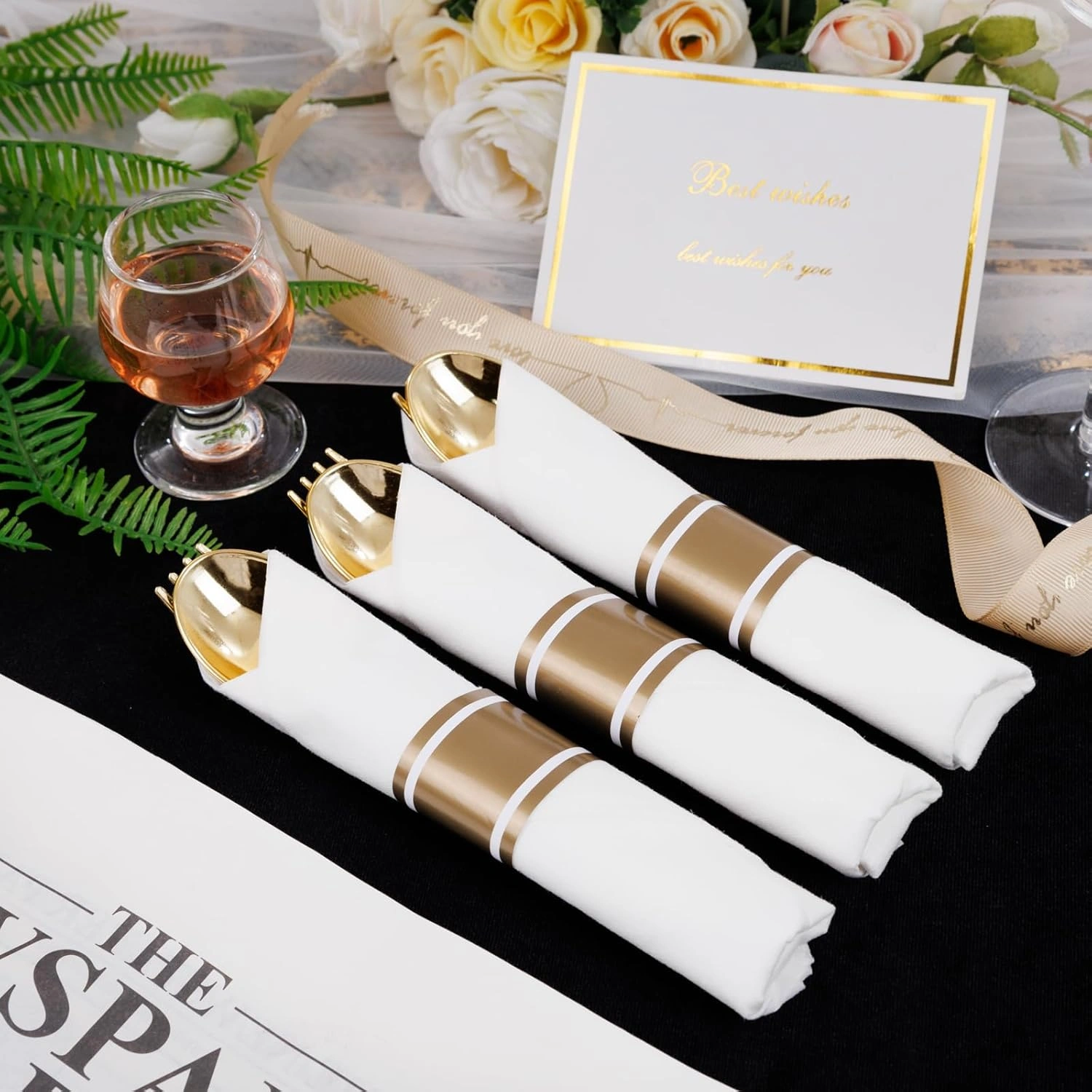 Gold Hammered Pre Rolled Plastic Silverware Sets — view 12