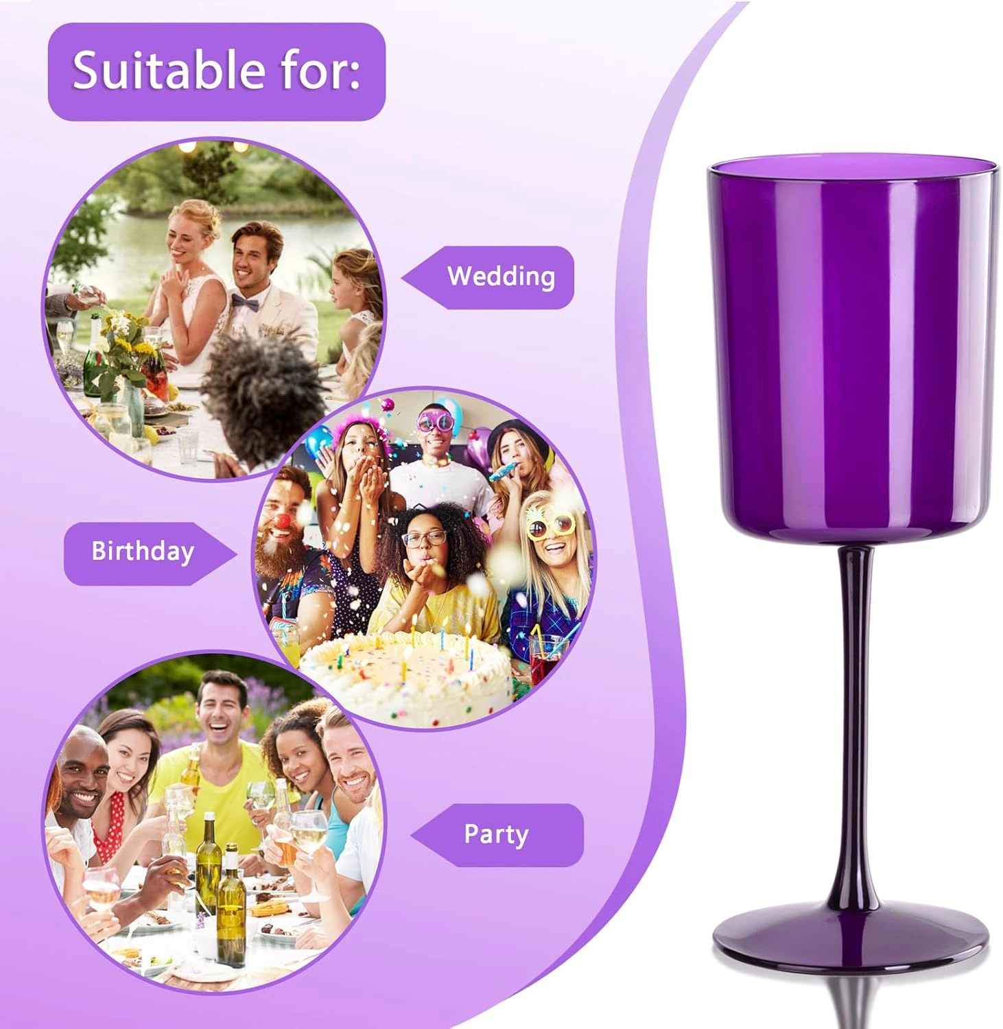 Purple Plastic Wine Glasses with Long Stem, Clear Design (10 oz, 12 Pack) — view 14