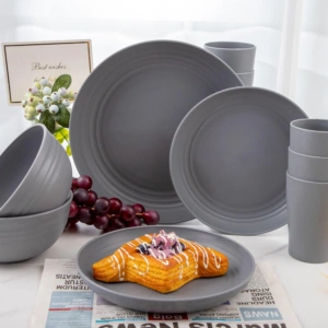 Dark Grey Wheat Straw Dinnerware Sets,Unbreakable Dinner Plates for 8,Microwave Dishwasher Safe,Reusable ,Set Plates, Bowls, Cups. — view 15
