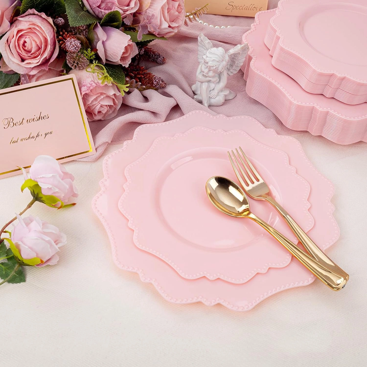 Pink Disposable Plastic Plates-Heavy duty plate for party/wedding/anniversary 30 dinner plates and 30 dessert/salad plates — view 14