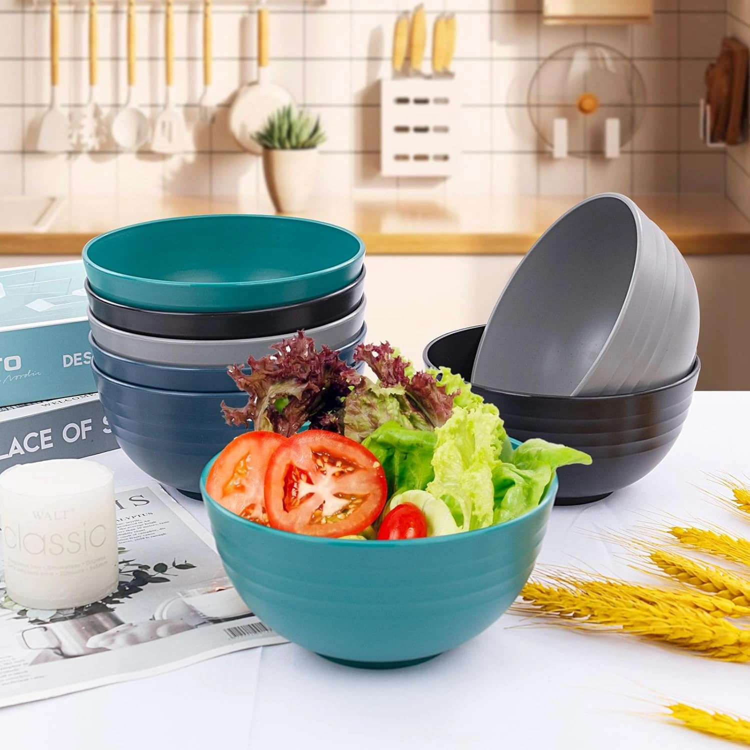 Blue & Green & Grey & Black Wheat Straw Dinnerware Sets,Unbreakable Dinner Plates for 8,Microwave Dishwasher Safe,Reusable ,Set Plates, Bowls, Cups. — view 12