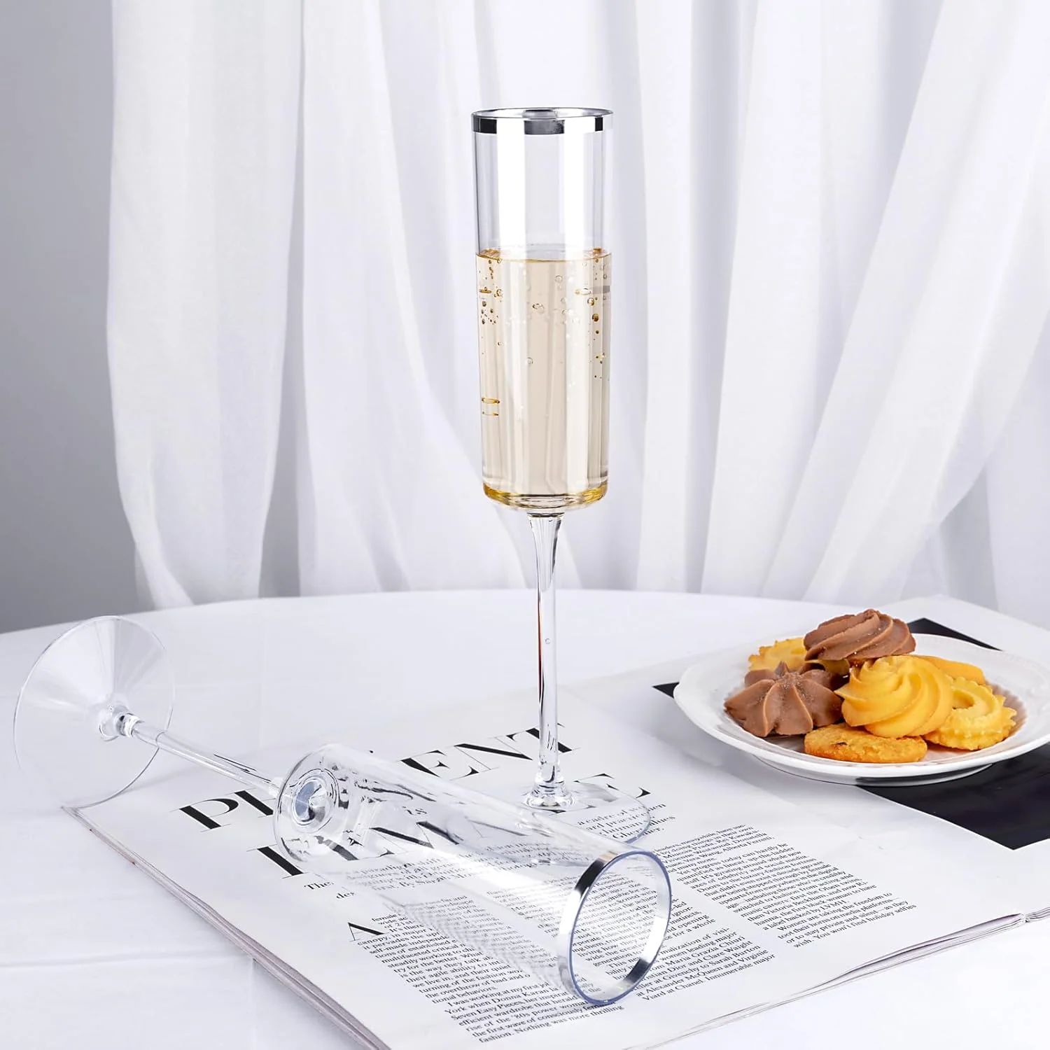 Silver Rim Square Plastic Champagne Flutes, Clear Design (6 oz) — view 15