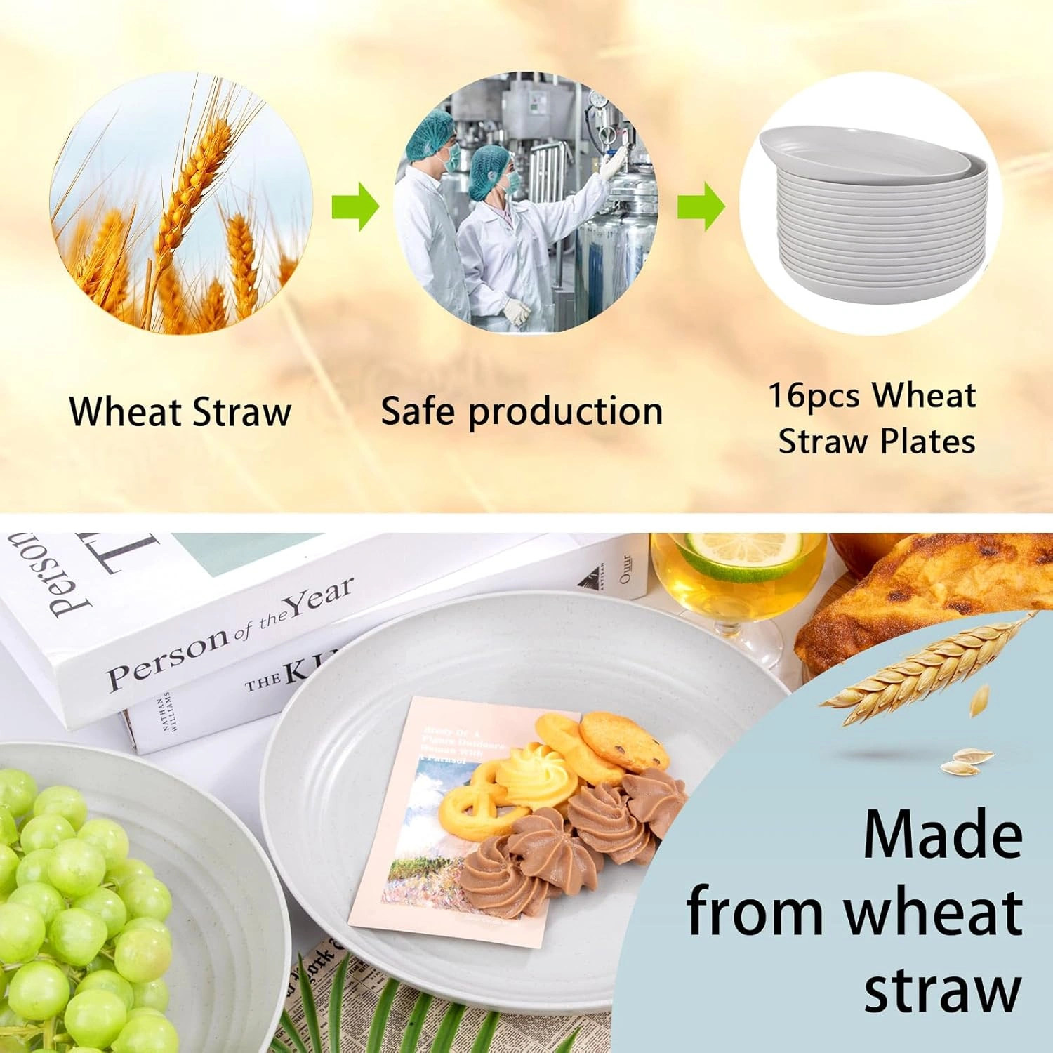 Grey Wheat Straw Plates,Deep Dinner Plastic Plates,Reusable Plates,10 inch Unbreakable Plates Set,Lightweight Microwave Dishwasher Safe,Plastic Plates for Picninc,Camping, RC366-1 — view 14
