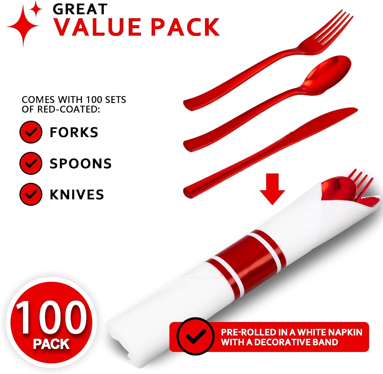 Red Classic Pre Rolled Plastic Silverware Sets — view 14