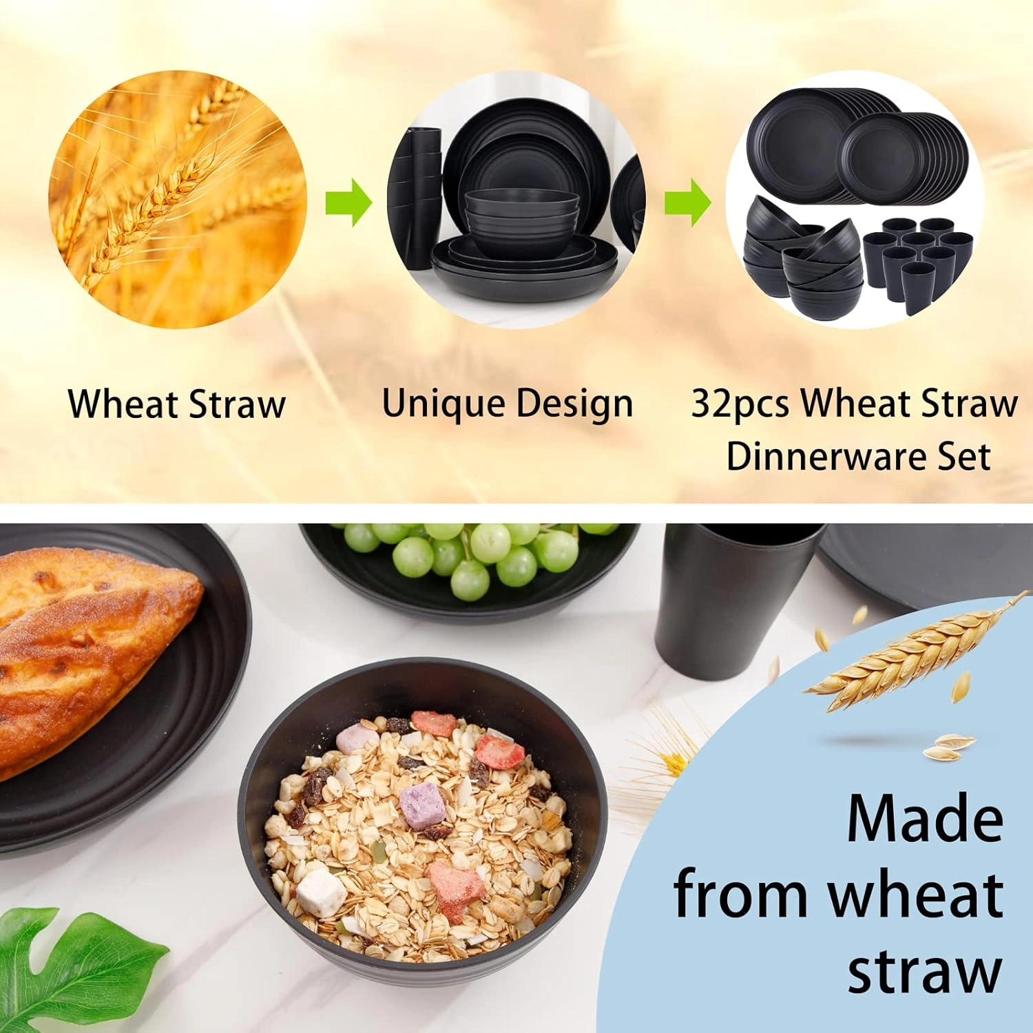 Black Wheat Straw Dinnerware Sets,Unbreakable Dinner Plates for 8,Microwave Dishwasher Safe,Reusable ,Set Plates, Bowls, Cups. — view 15