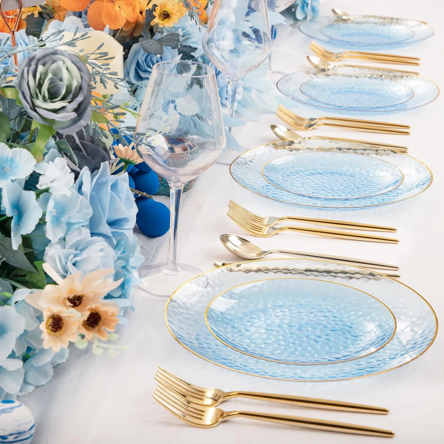 Clear Blue Gold Plastic Plates,Disposable Plates With Rim,Heavy-duty Plates,Hammered Party Plates Include 30Clear Dessert-Platos,30Dinner-Platos for Wedding, Party — view 12