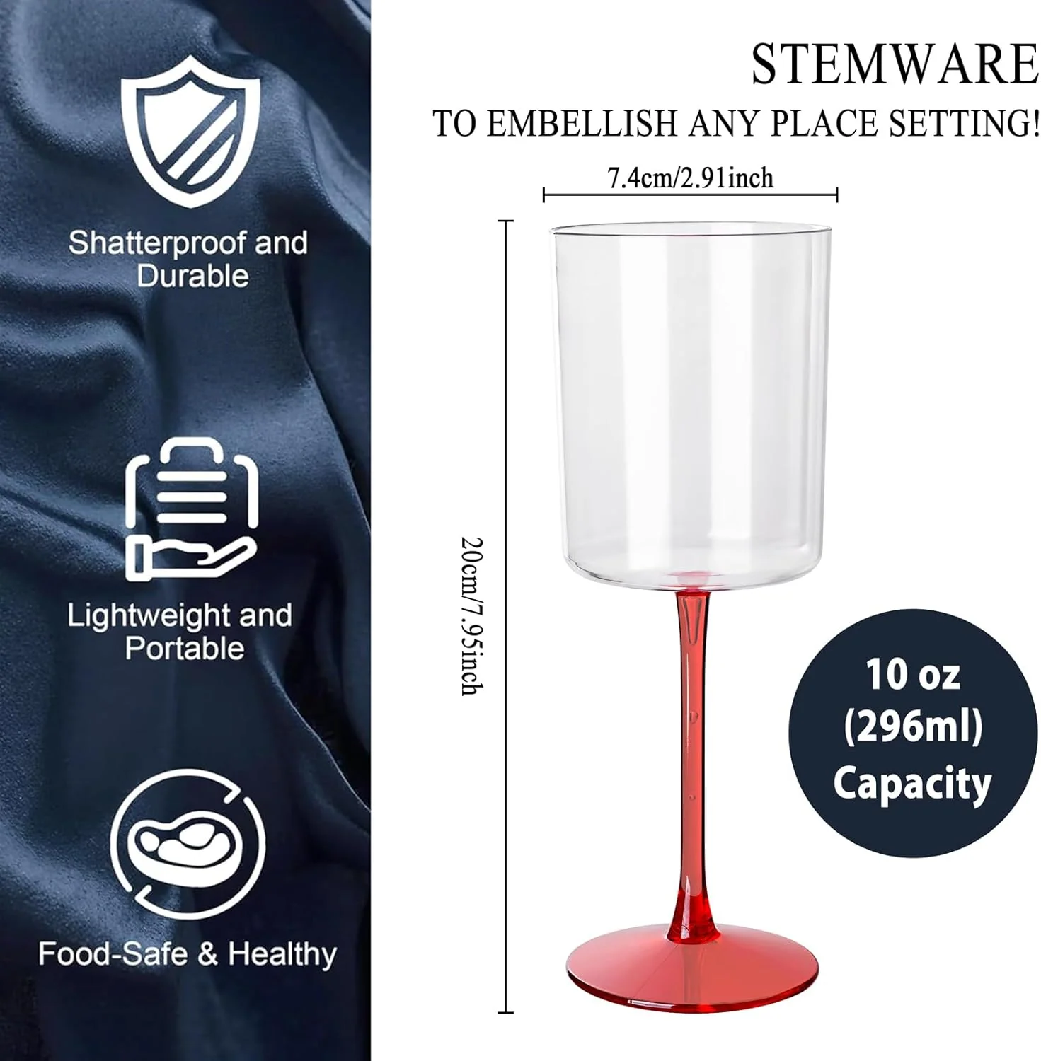Clear Wine Glasses with Red Stem, Clear Design (10 oz, 12 Pack) — view 13