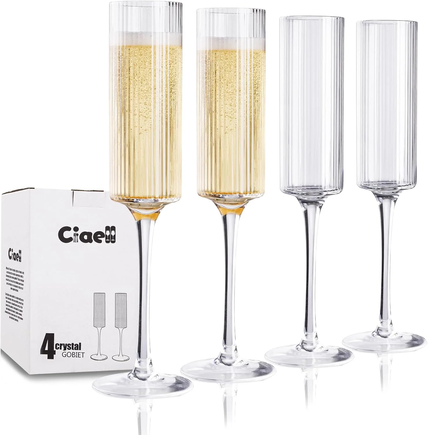 Long Stem Champagne Flutes, Ribbed Crystal, Hand Blown (6 oz) — view 11