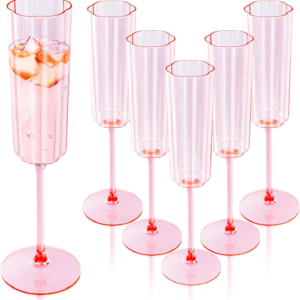 Pink Plastic Champagne Flutes, Long Stem,Clear, Vintage Flower Design (6 oz, 24 Pack) — view 11