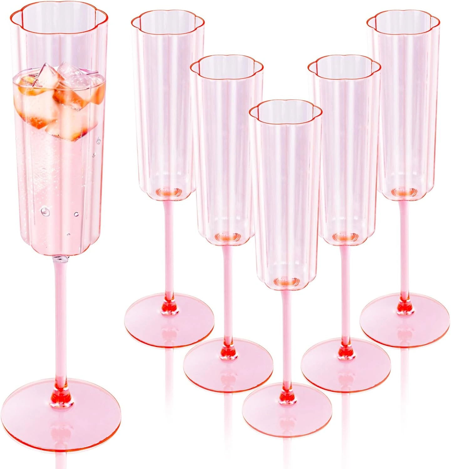 Pink Plastic Champagne Flutes, Long Stem,Clear, Vintage Flower Design (6 oz, 24 Pack) — view 11