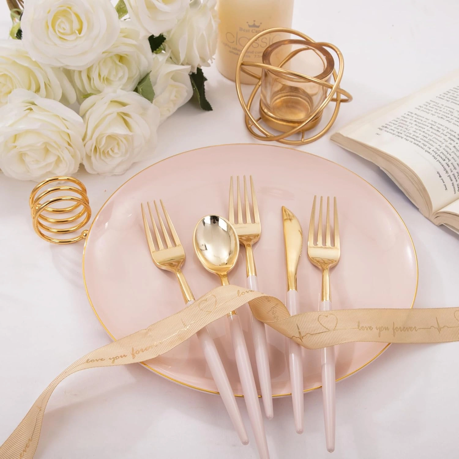 Gold Cutlery Set with Pink Handles — view 10
