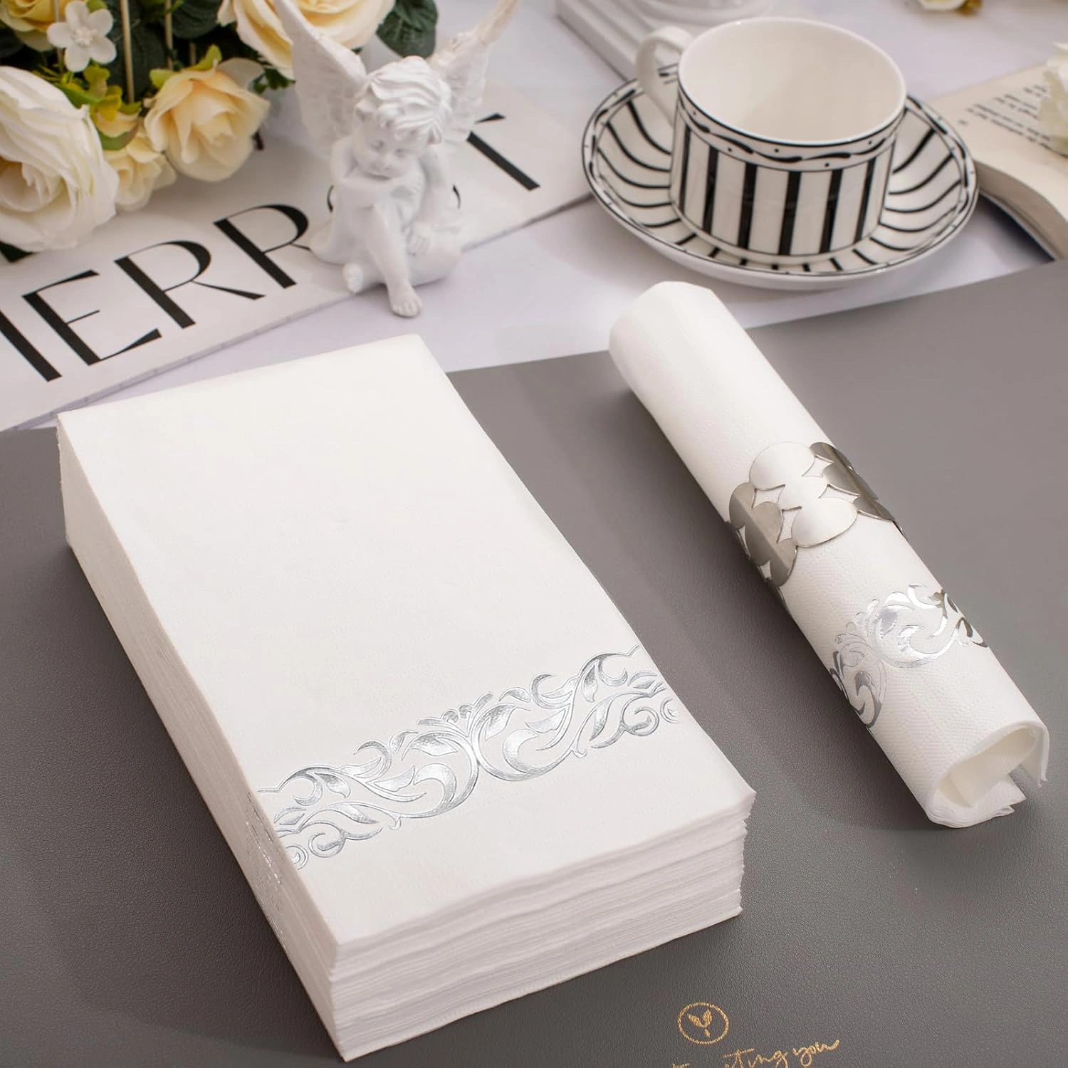 White And Silver Napkins Disposable-3ply Paper Napkins Rim — view 11