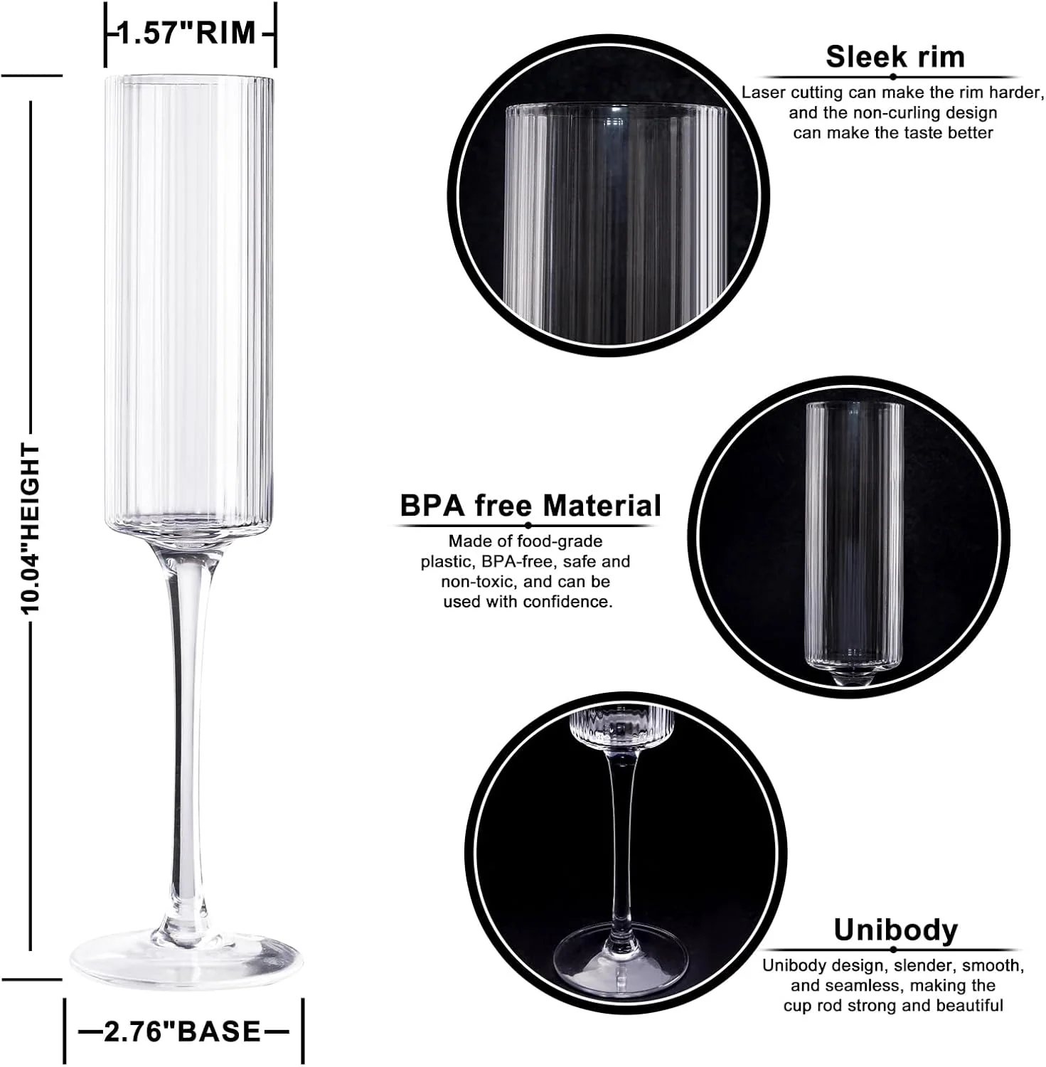 Long Stem Champagne Flutes, Ribbed Crystal, Hand Blown (6 oz) — view 13