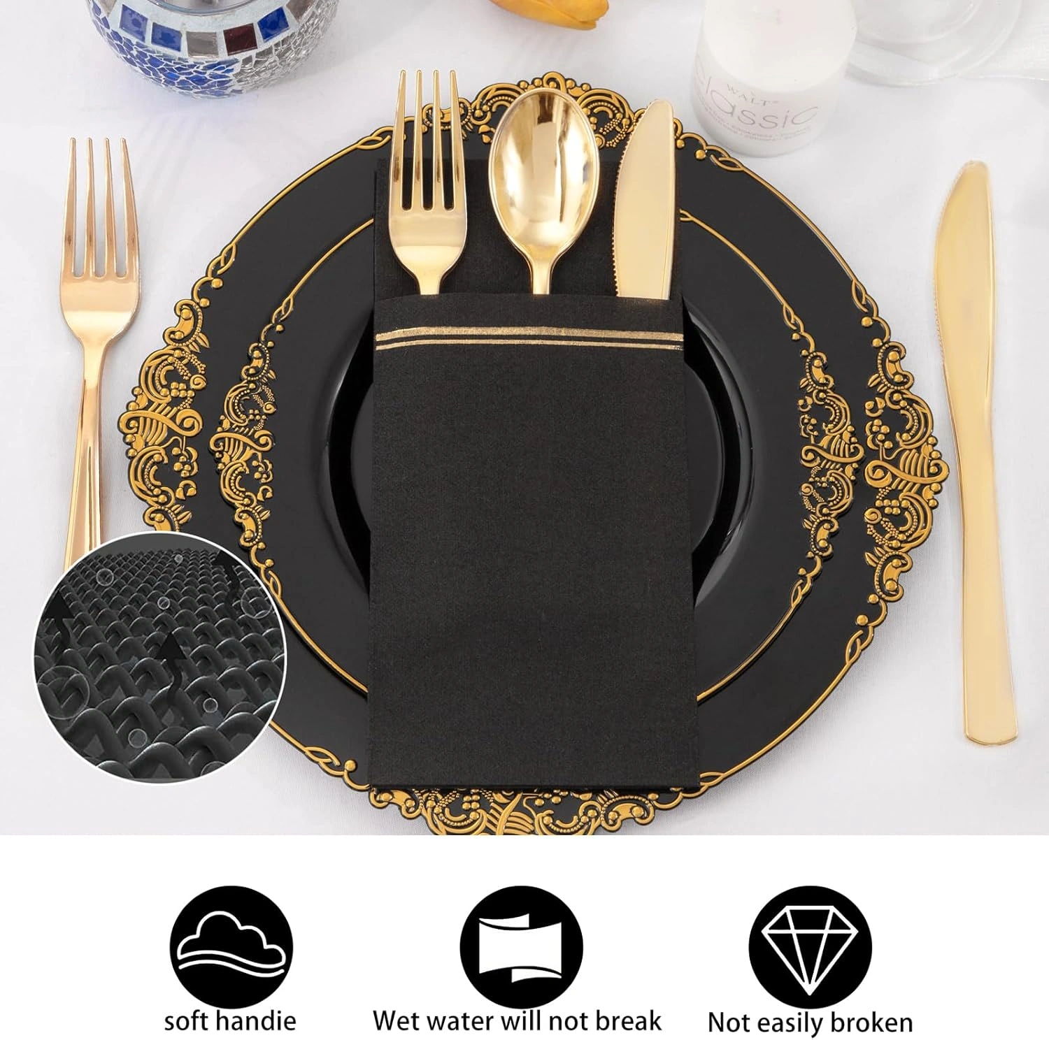 Black Paper Napkins with Built-in Flatware Pocket — view 14