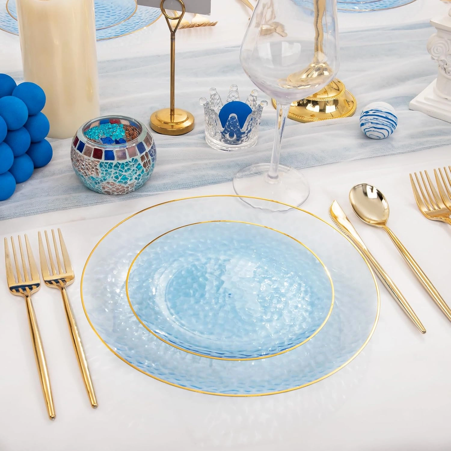 Clear Blue Gold Plastic Plates,Disposable Plates With Rim,Heavy-duty Plates,Hammered Party Plates Include 30Clear Dessert-Platos,30Dinner-Platos for Wedding, Party — view 11