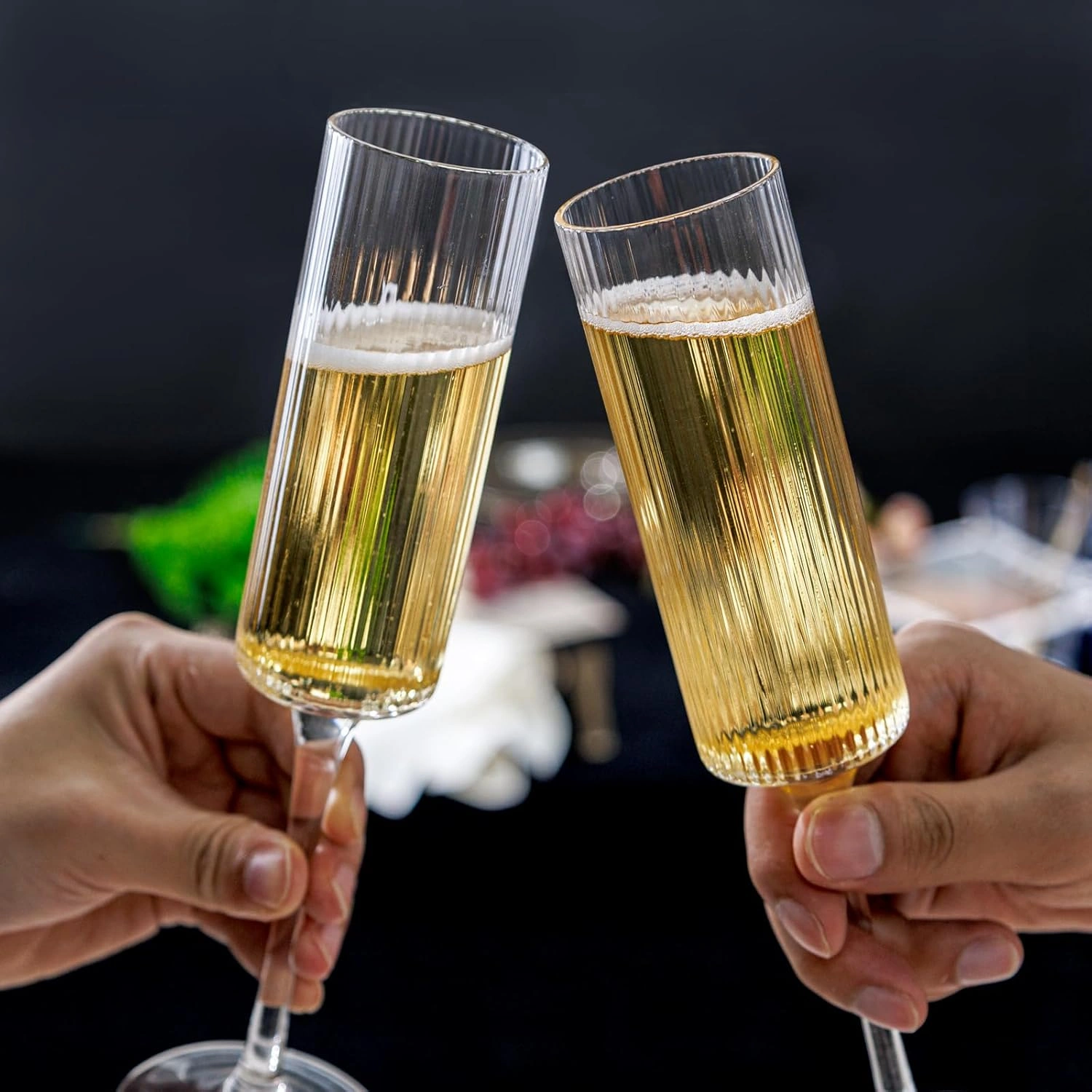 Long Stem Champagne Flutes, Ribbed Crystal, Hand Blown (6 oz) — view 15