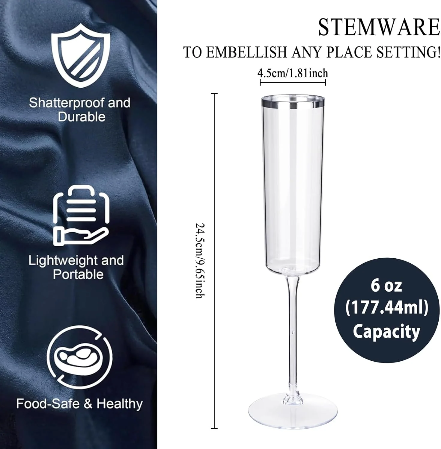 Silver Rim Square Plastic Champagne Flutes, Clear Design (6 oz) — view 12