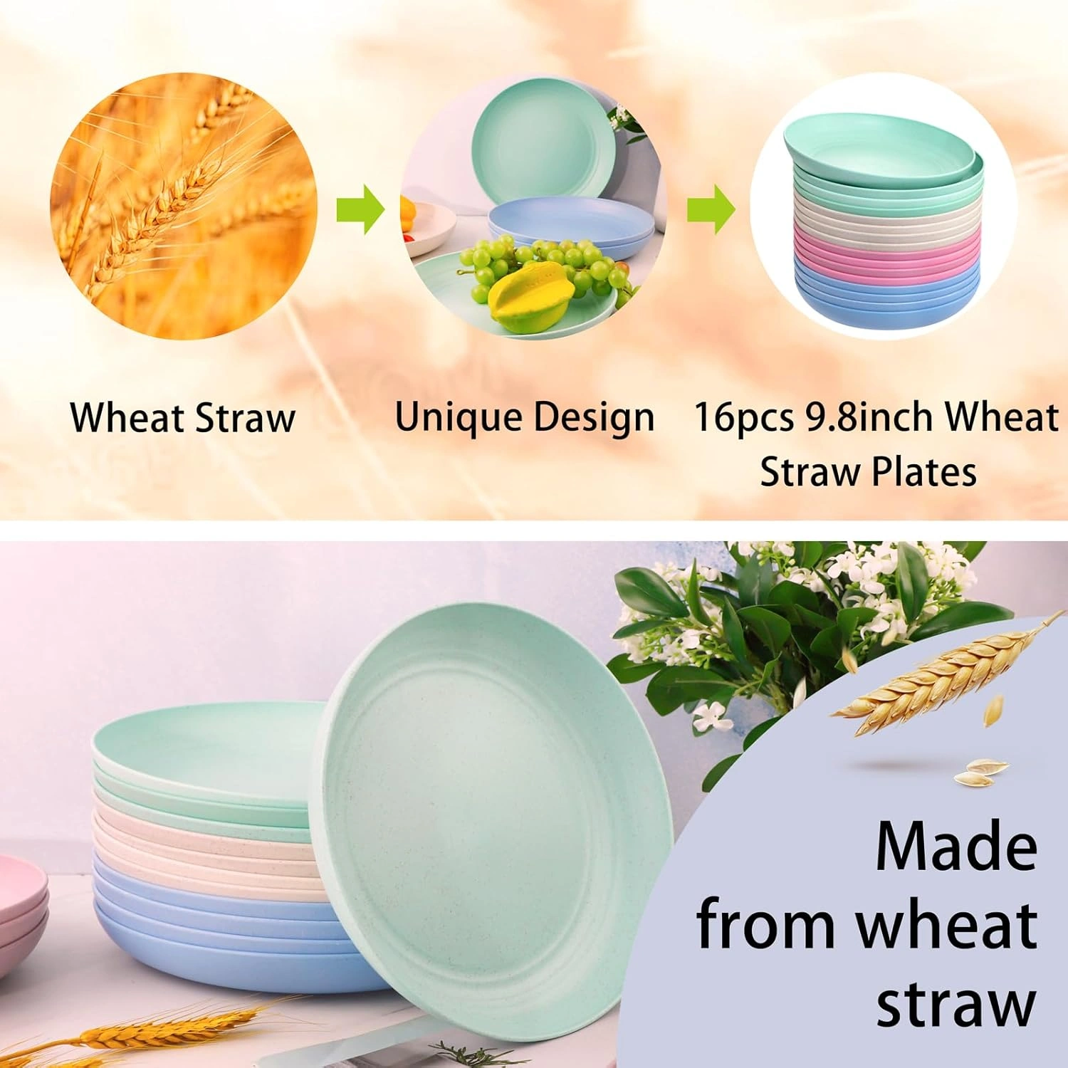 Four Color Wheat Straw Plates,Deep Dinner Plastic Plates,Reusable Plates,10 inch Unbreakable Plates Set,Lightweight Microwave Dishwasher Safe,Plastic Plates for Picninc,Camping, RC366-1 — view 14