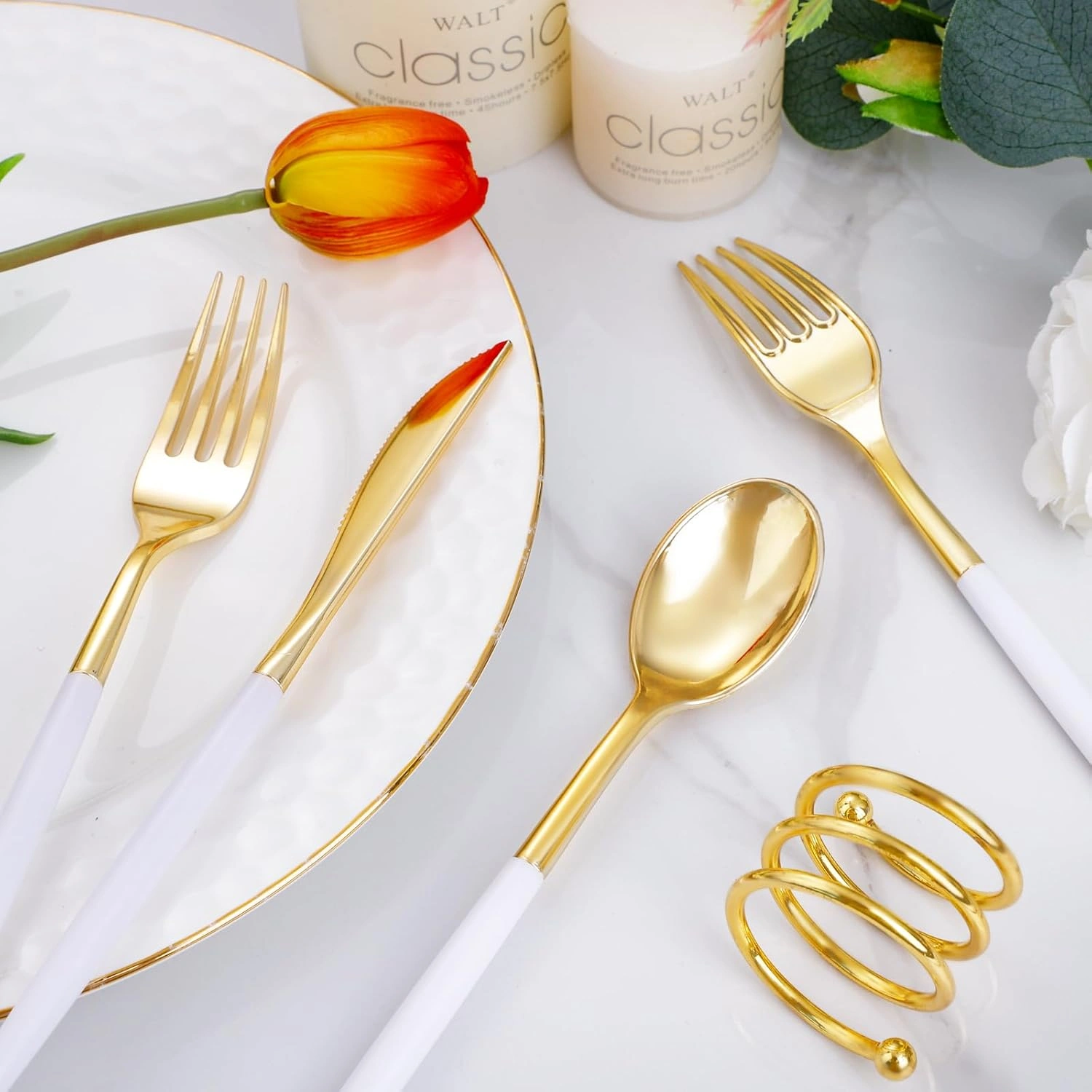 Gold Cutlery Set with White Handles — view 12