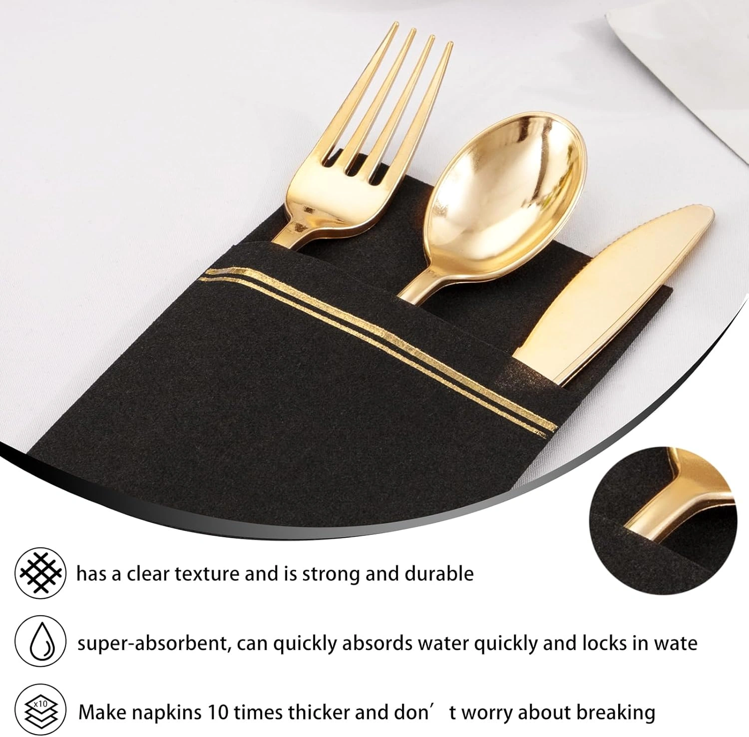 Black Paper Napkins with Built-in Flatware Pocket — view 15