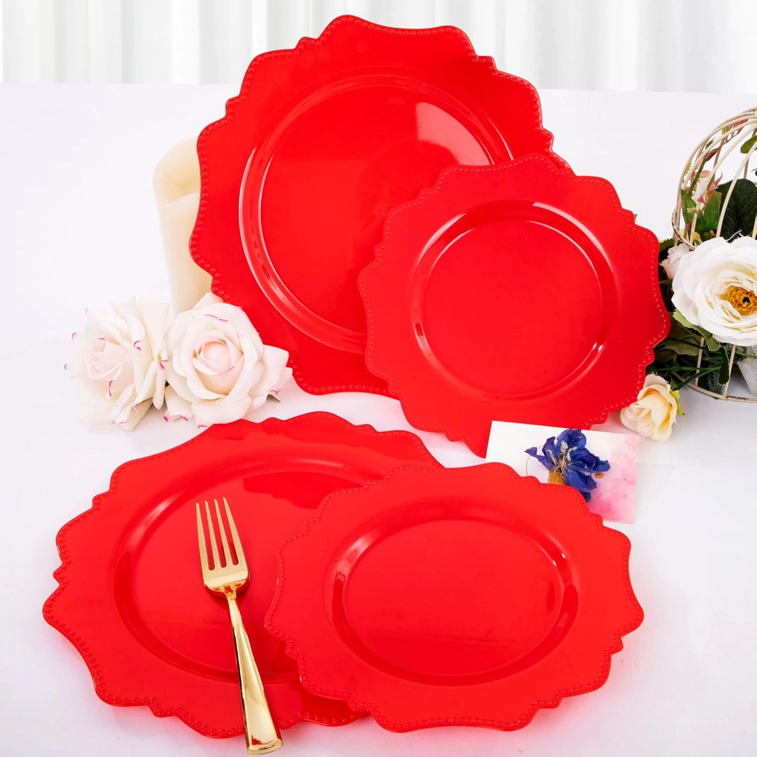 Red Disposable Plastic Plates-Heavy duty plate for party/wedding/anniversary 30 dinner plates and 30 dessert/salad plates — view 14