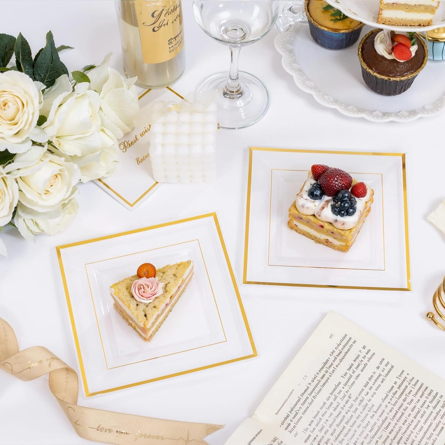 Clear Gold Square Plastic Plates-6inch Disposable Cake Plates- Premium Hard Square Small Appetizer Plates for Wedding/Party — view 16