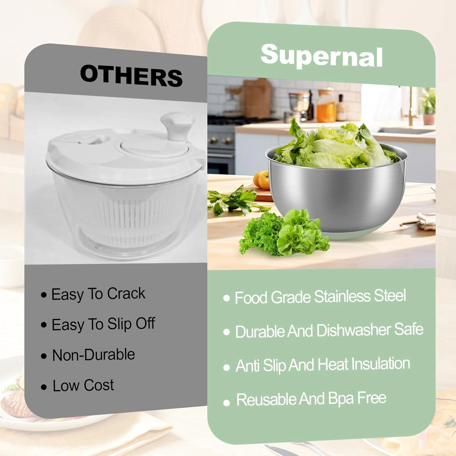 Vibrant Green Salad Spinner Stainless Steel Large,Vegetable Washer with 5.3 Qt Bowl,Salad Chopper Bowl,Nesting Bowls with Graters,Large Mixing Bowl Bowls for Kitchen With 5 Grater — view 14