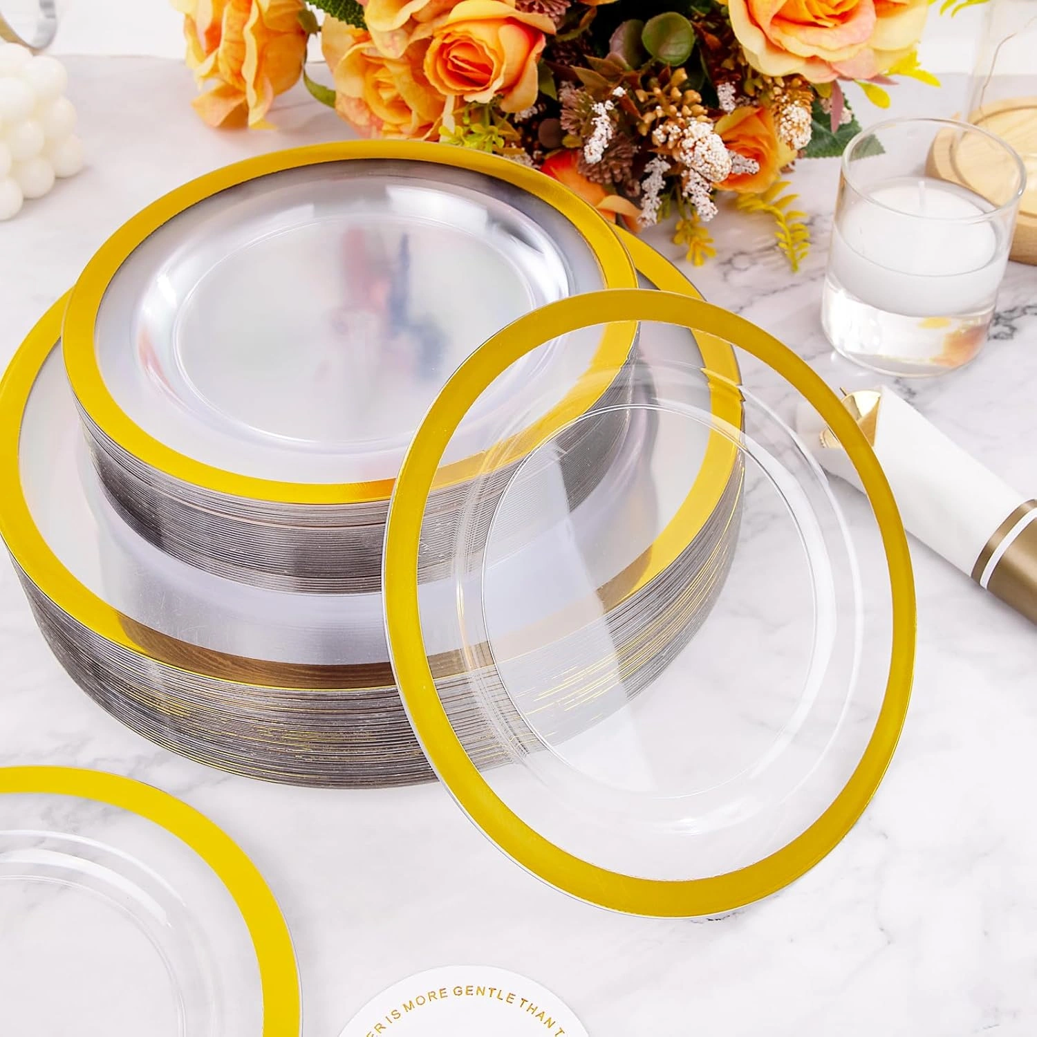 Clear Gold Dark Plastic Plates, Disposable Plates for , Dinnerware Include 50 Dinner Plates 50 Dessert Plates, 50 Cups, 50 Pre Rolled Napkins with Cutlery Set for Party — view 15