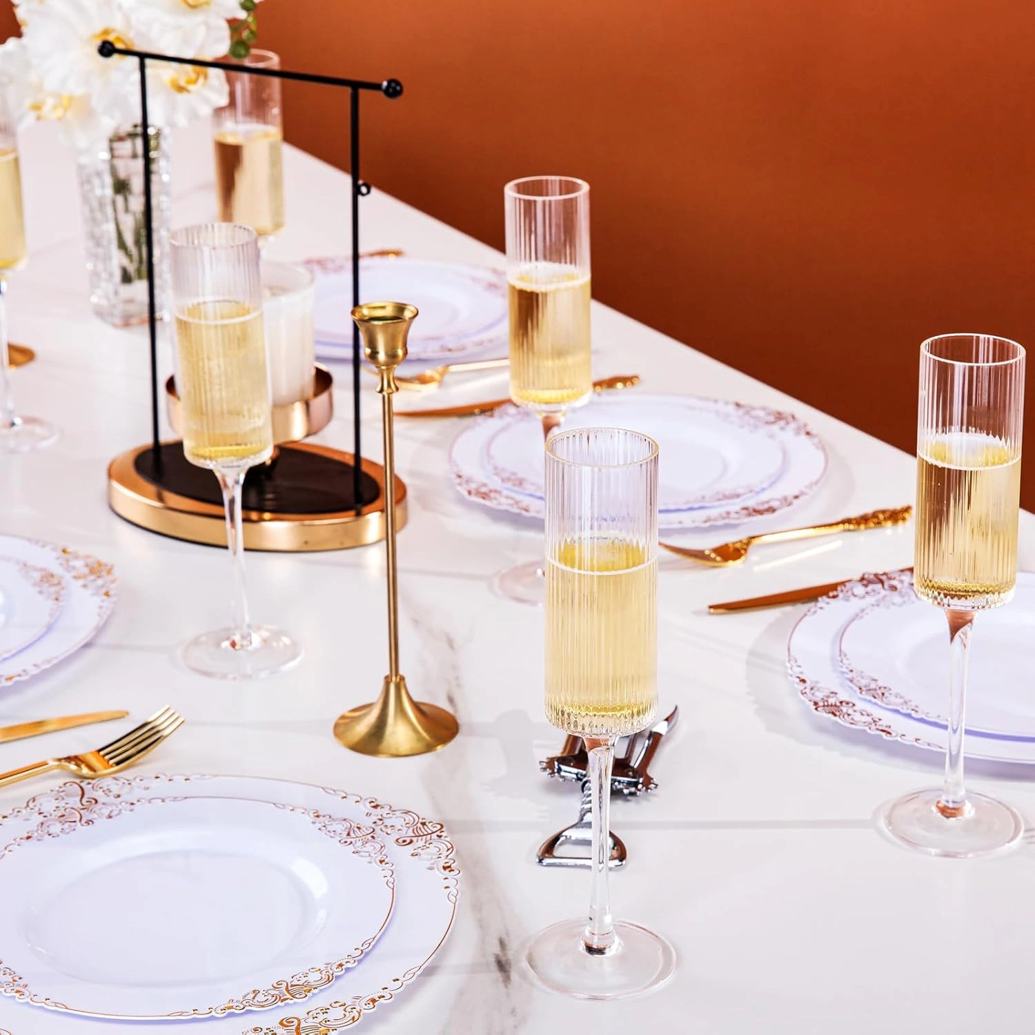 Long Stem Champagne Flutes, Ribbed Crystal, Hand Blown (6 oz) — view 14