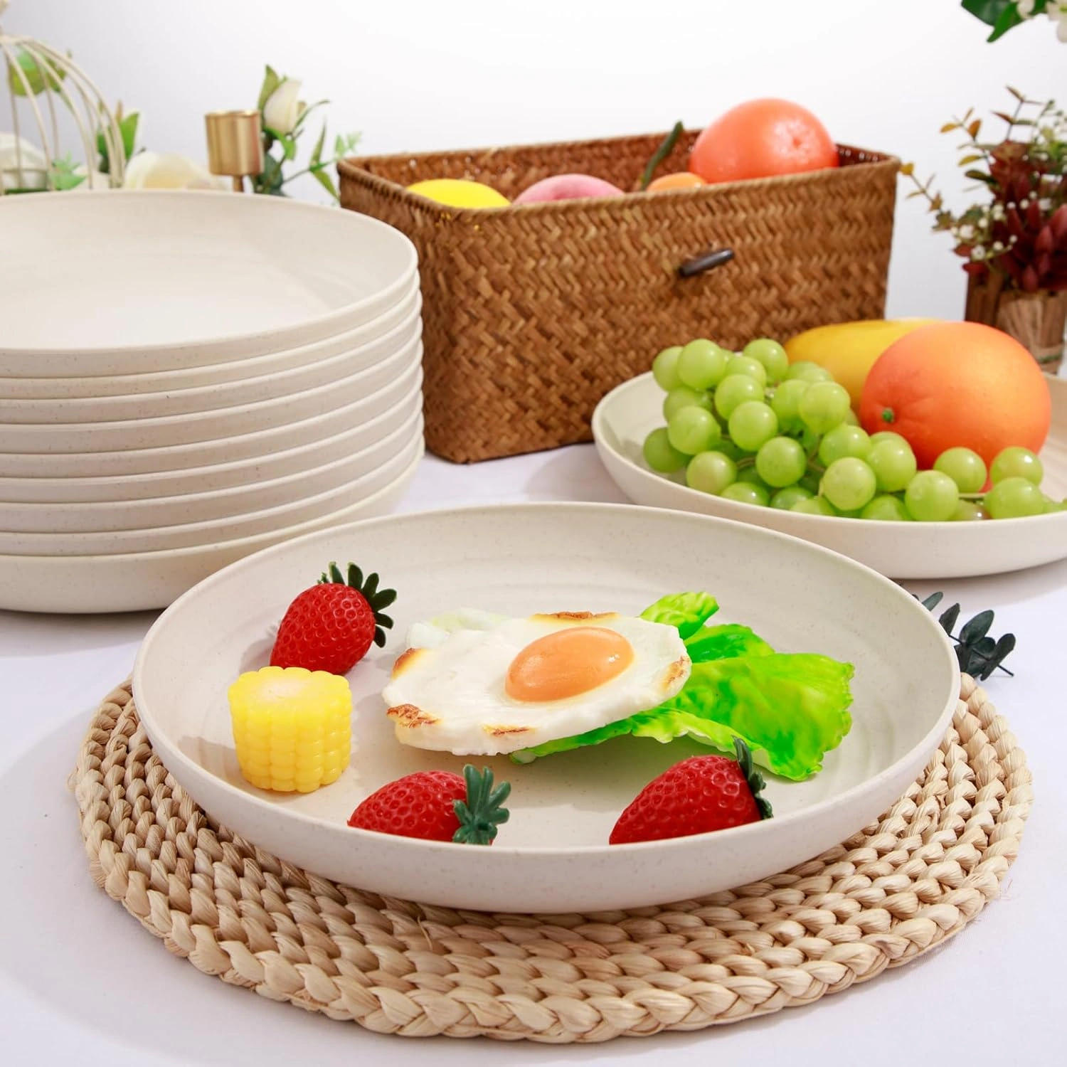 Beige Wheat Straw Plates,Deep Dinner Plastic Plates,Reusable Plates,10 inch Unbreakable Plates Set,Lightweight Microwave Dishwasher Safe,Plastic Plates for Picninc,Camping, RC366-1 — view 11