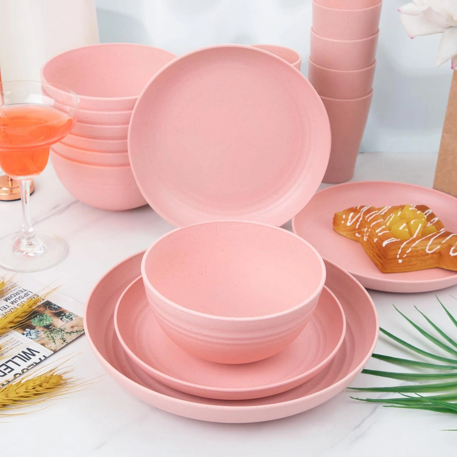 Baby Pink Wheat Straw Dinnerware Sets for 8,Microwave Dishwasher Safe,Unbreakable ,Reusable Tableware Set,Beige Set Plates, Bowls, Cups. — view 15