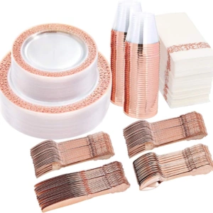 Clear Rose Gold Dark Plastic Plates, Disposable Plates for , Dinnerware Include 50 Dinner Plates 50 Dessert Plates, 50 Cups, 50 Pre Rolled Napkins with Cutlery Set for Party — view 9
