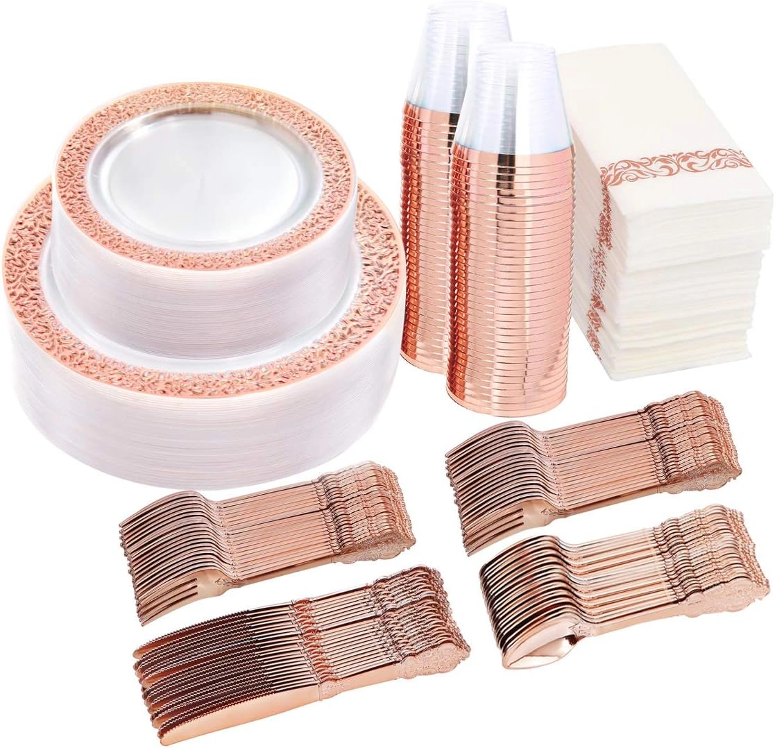 Clear Rose Gold Dark Plastic Plates, Disposable Plates for , Dinnerware Include 50 Dinner Plates 50 Dessert Plates, 50 Cups, 50 Pre Rolled Napkins with Cutlery Set for Party — view 9