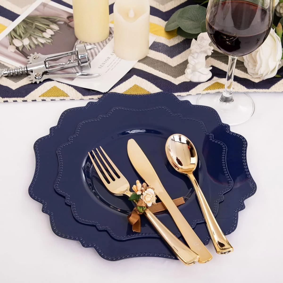 Navy Blue Disposable Plastic Plates-Heavy duty plate for party/wedding/anniversary 30 dinner plates and 30 dessert/salad plates — view 11