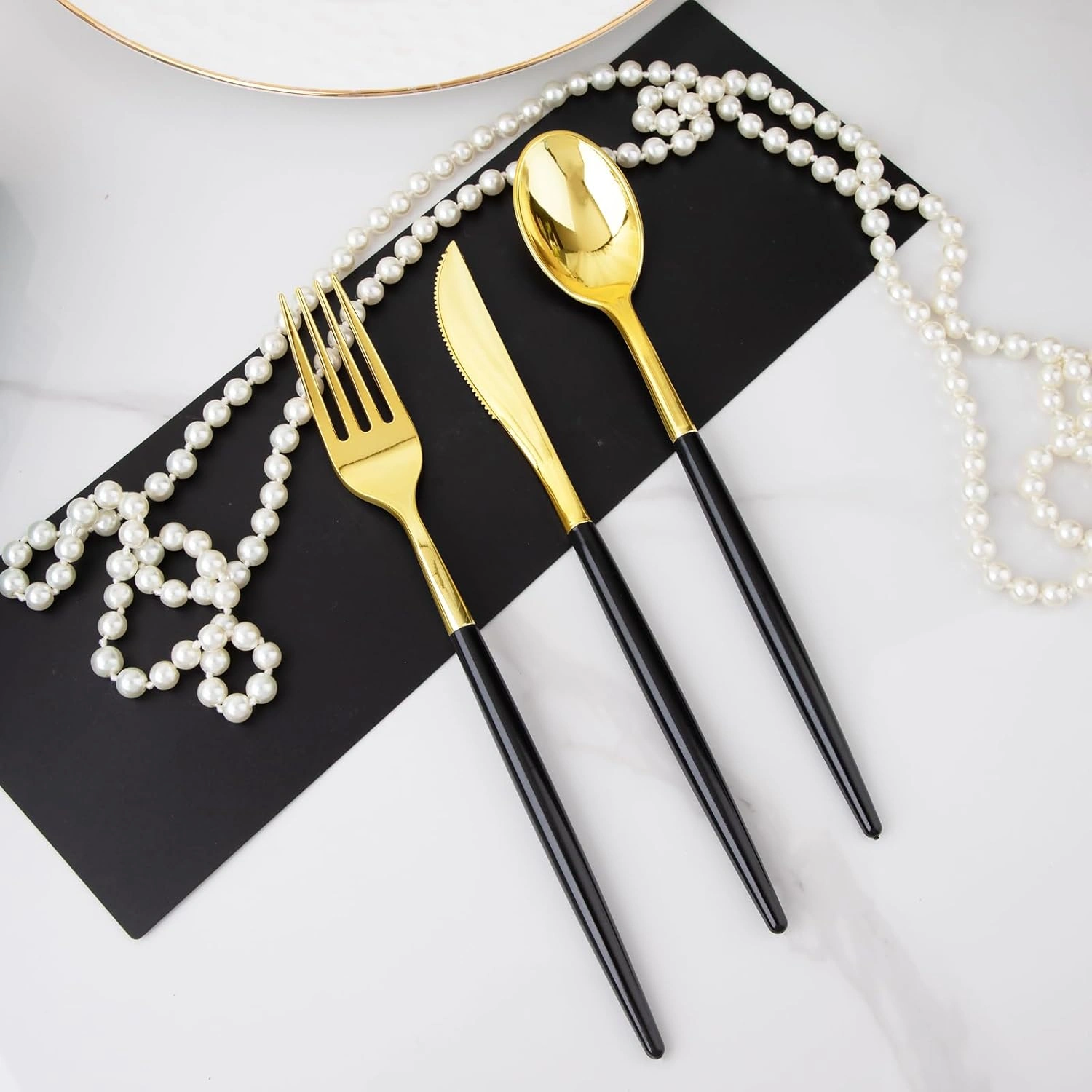 Gold Cutlery Set with Black Handles — view 10