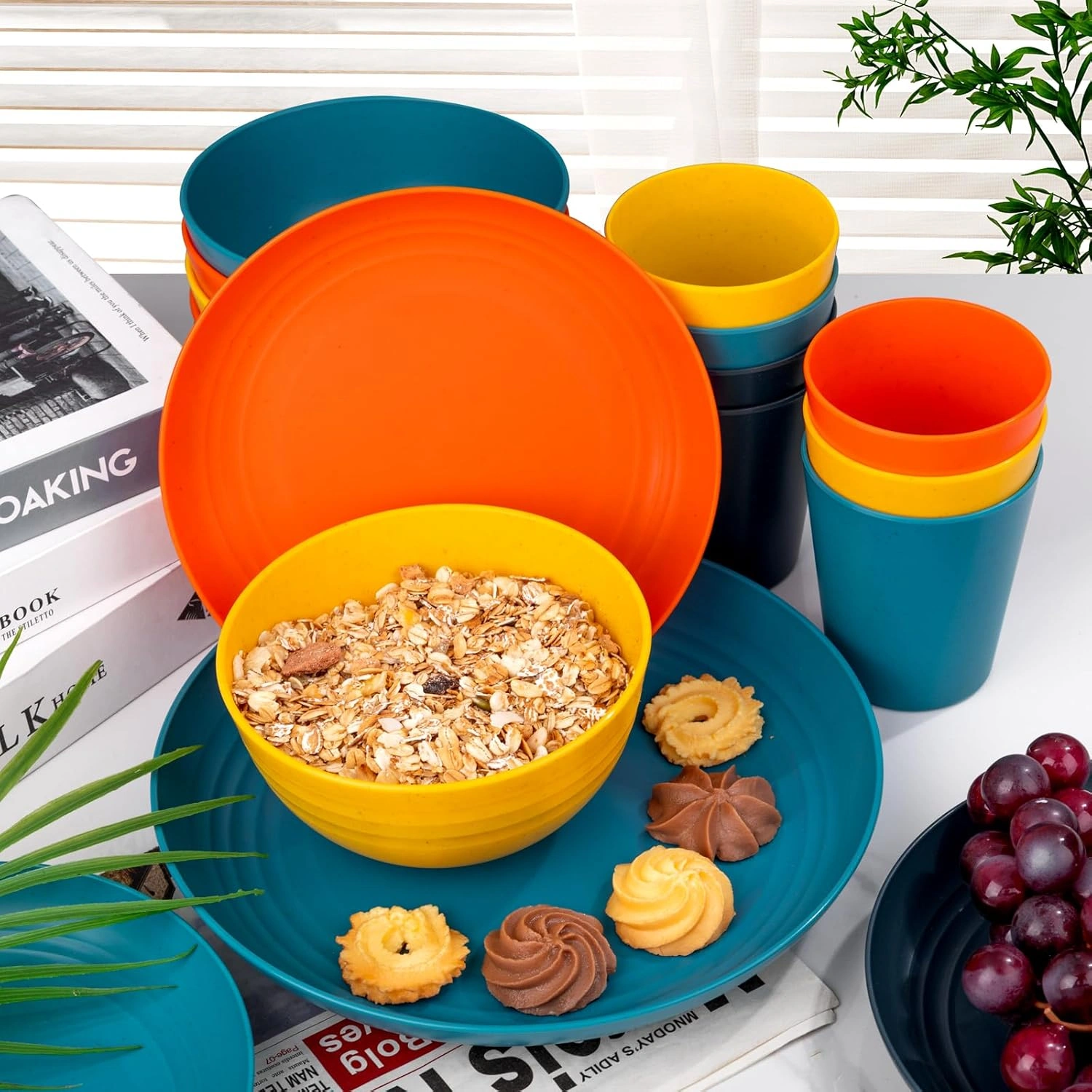 Blue & Dark Blue & Orange & Yellow Wheat Straw Dinnerware Sets,Unbreakable Dinner Plates for 8,Microwave Dishwasher Safe,Reusable ,Set Plates, Bowls, Cups. — view 12
