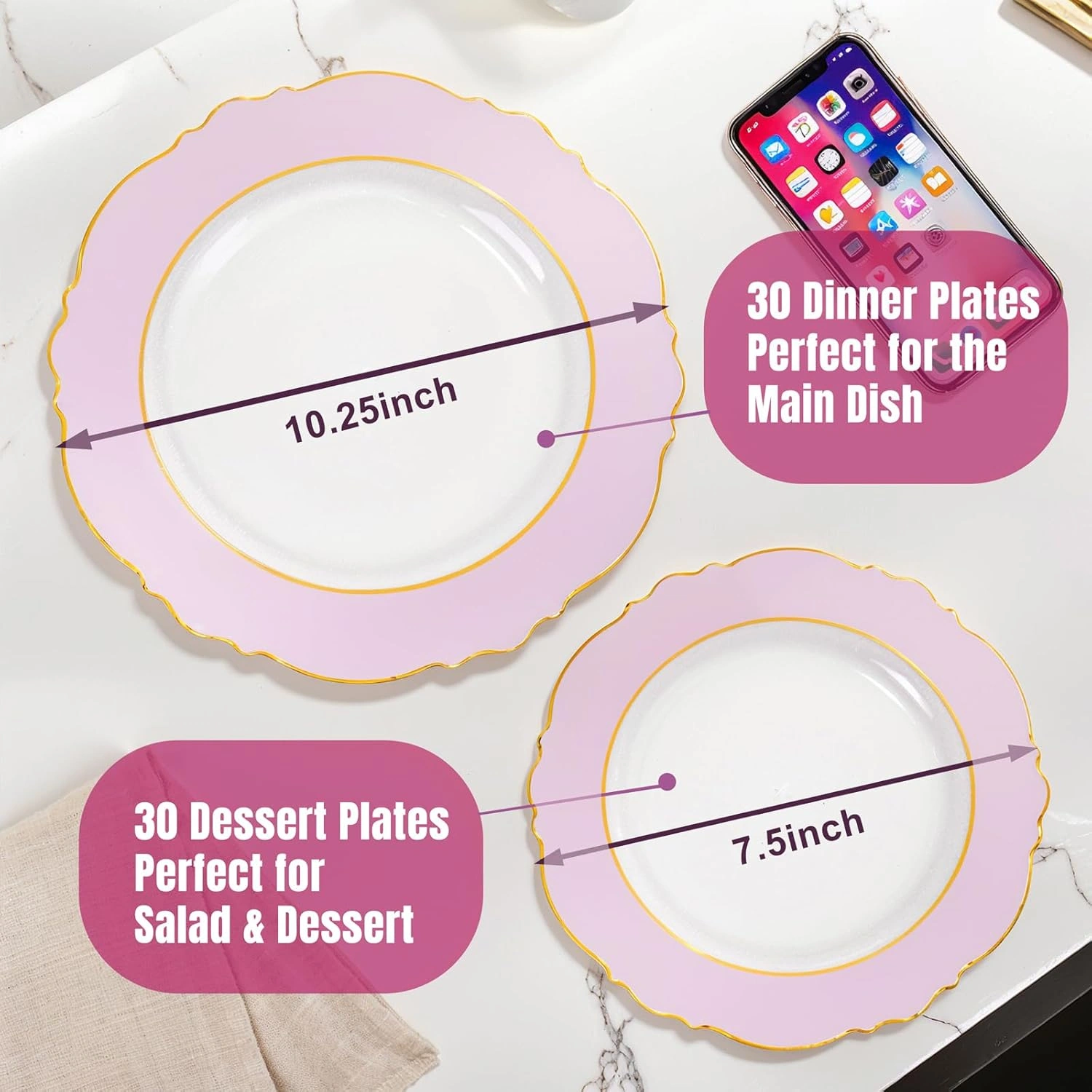 Clear Pink With Gold Rim Baroque Plastic Plates (60 Pieces) — view 13