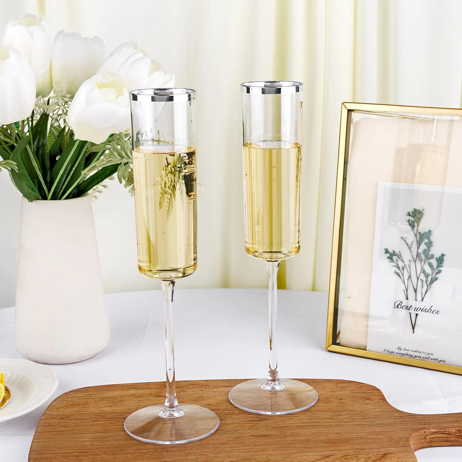 Silver Rim Square Plastic Champagne Flutes, Clear Design (6 oz) — view 14