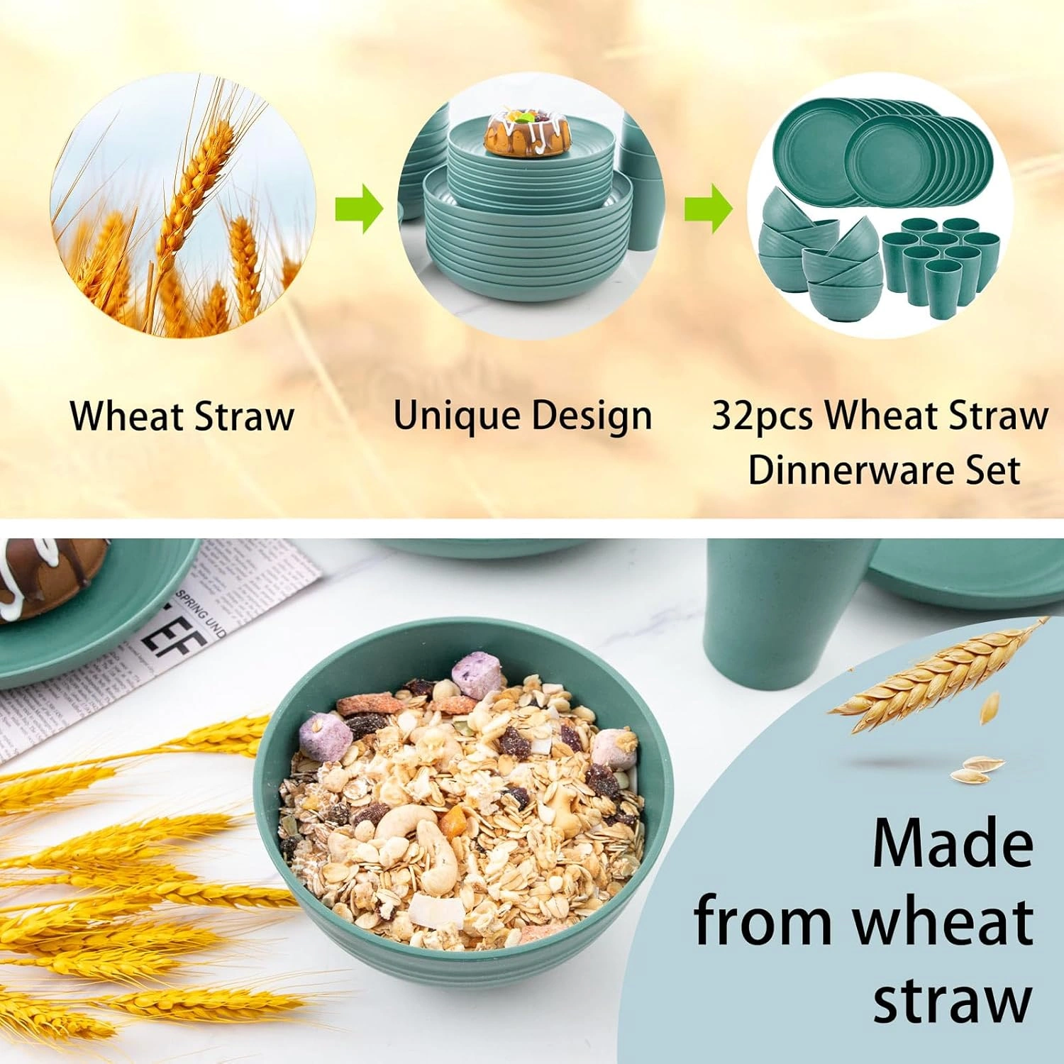 Dark Green Wheat Straw Dinnerware Sets for 8,Microwave Dishwasher Safe,Unbreakable ,Reusable Tableware Set,Beige Set Plates, Bowls, Cups. — view 14