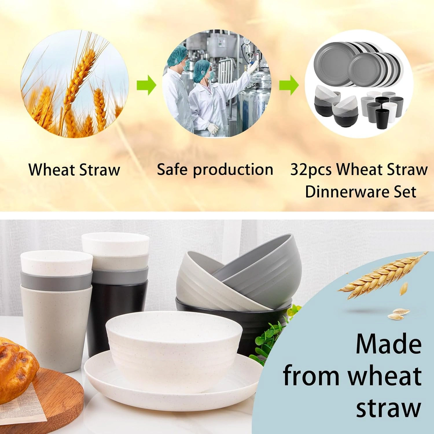 White & Black & Grey & Dark Grey Wheat Straw Dinnerware Sets,Unbreakable Dinner Plates for 8,Microwave Dishwasher Safe,Reusable ,Set Plates, Bowls, Cups. — view 15