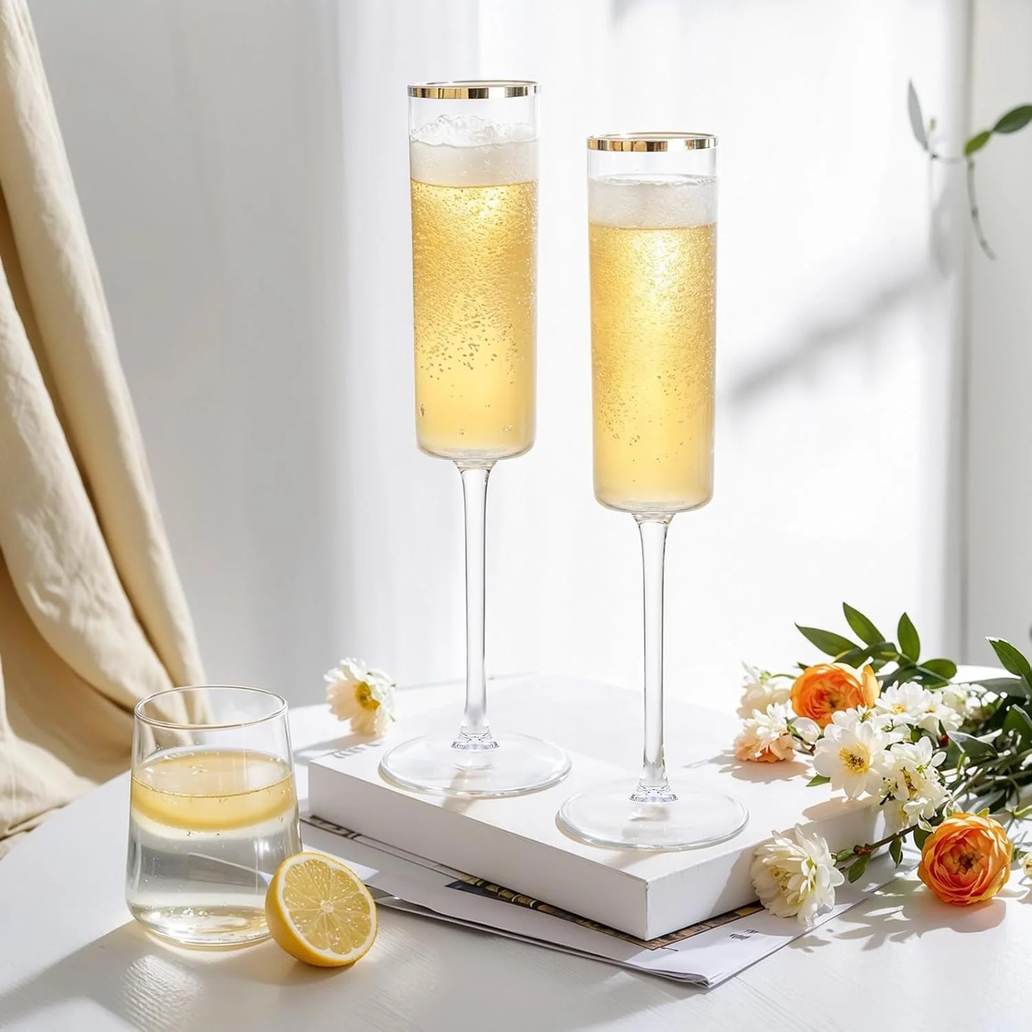 Gold Rim Square Plastic Champagne Flutes, Clear Design (6 oz) — view 15