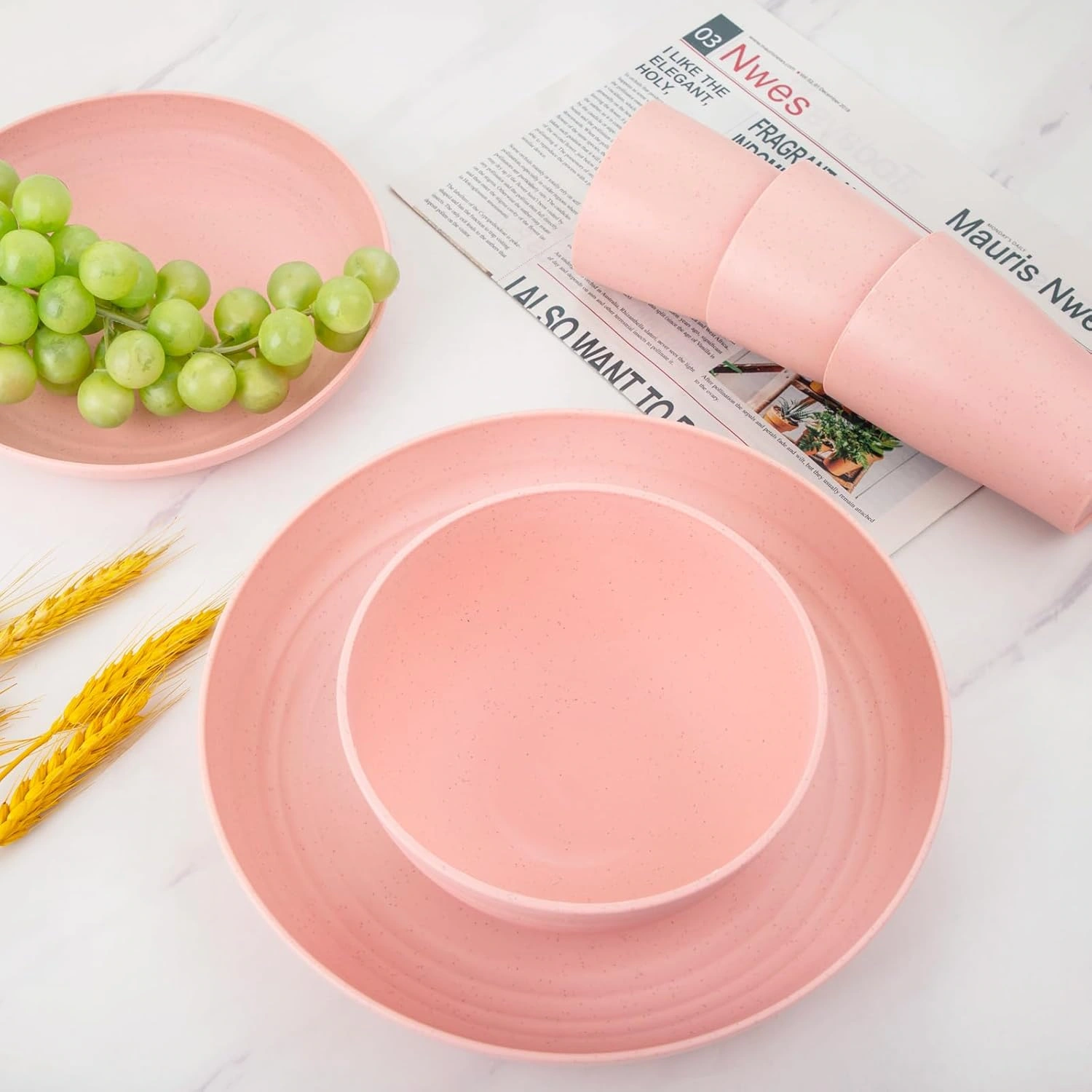 Baby Pink Wheat Straw Dinnerware Sets for 8,Microwave Dishwasher Safe,Unbreakable ,Reusable Tableware Set,Beige Set Plates, Bowls, Cups. — view 12