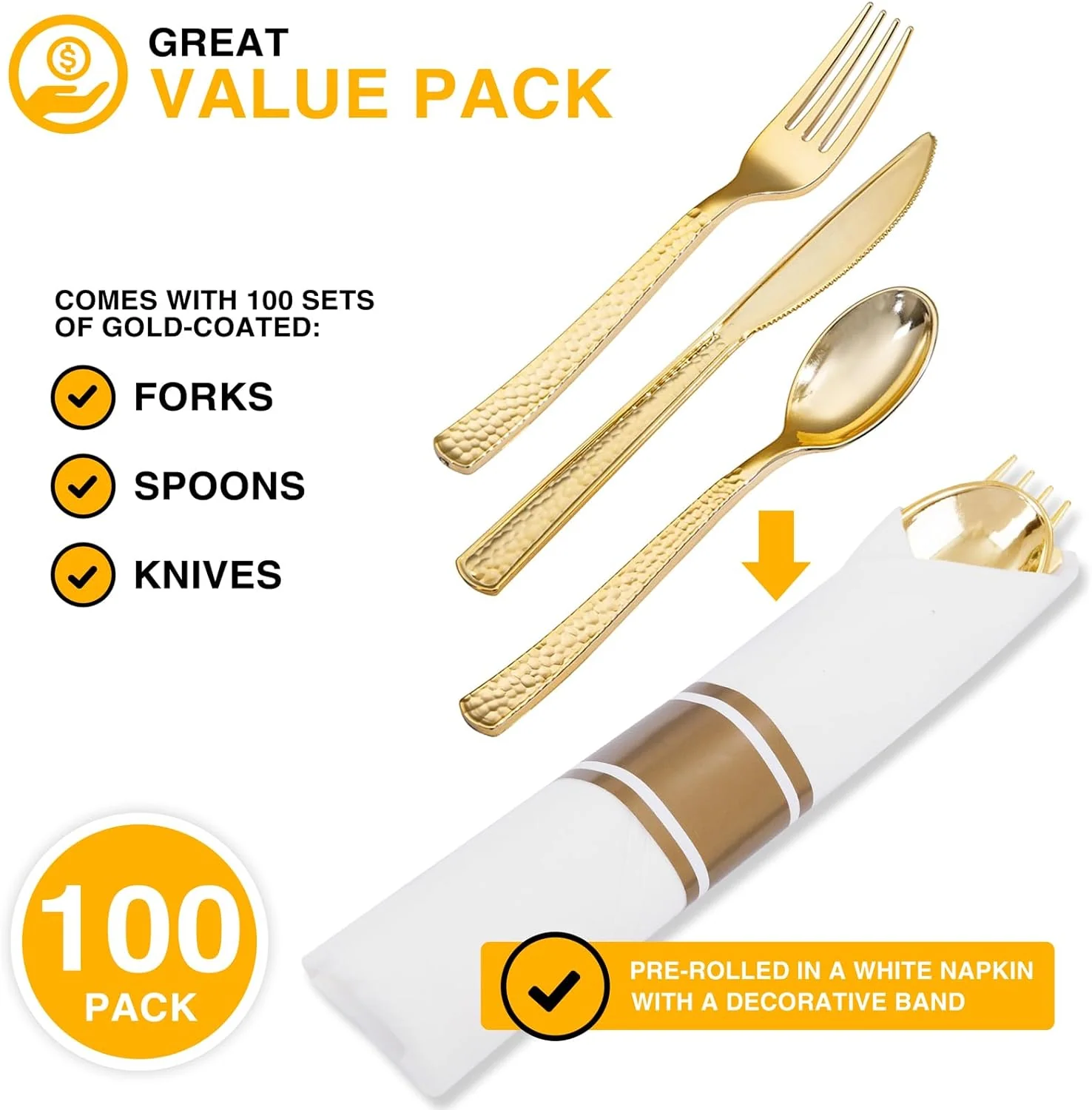 Gold Hammered Pre Rolled Plastic Silverware Sets — view 15