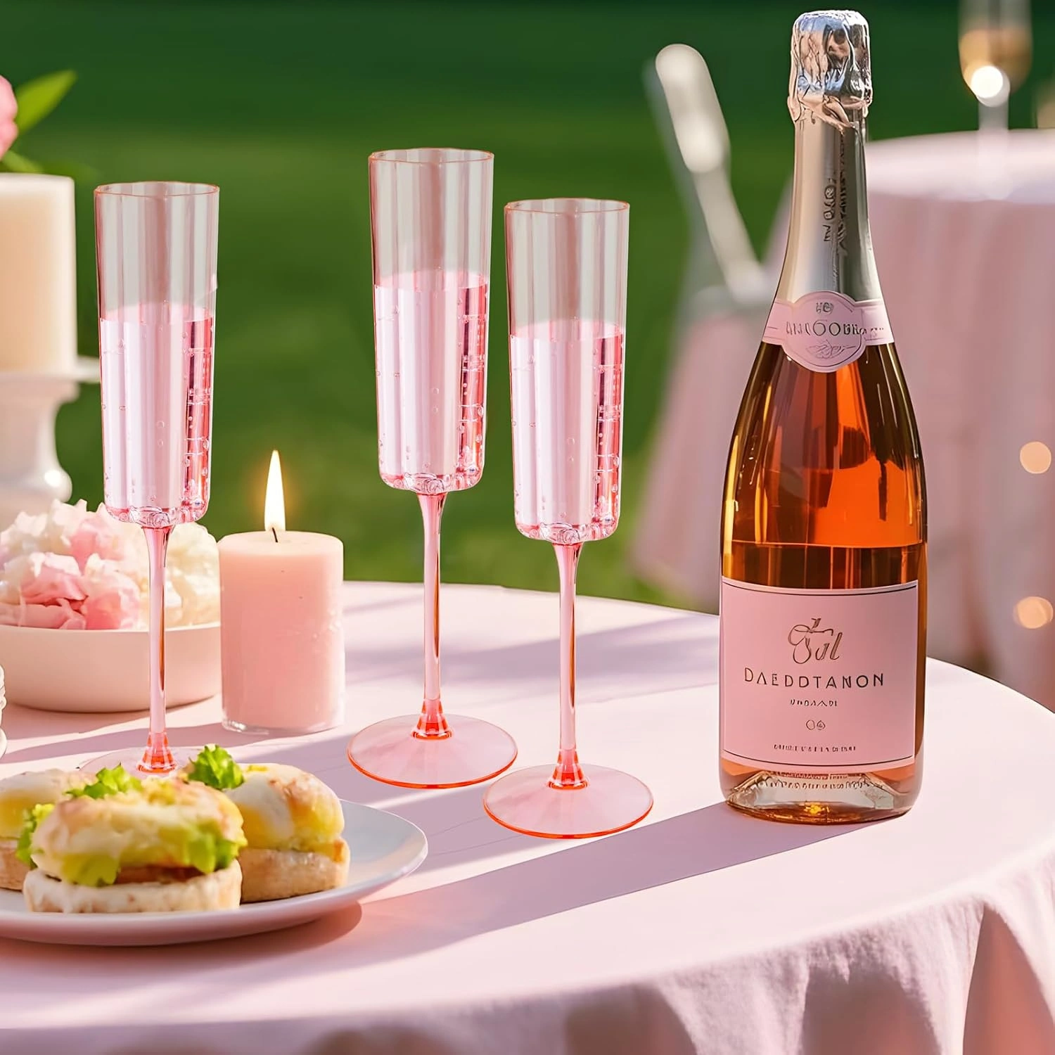 Pink Plastic Champagne Flutes, Long Stem,Clear, Vintage Flower Design (6 oz, 24 Pack) — view 12