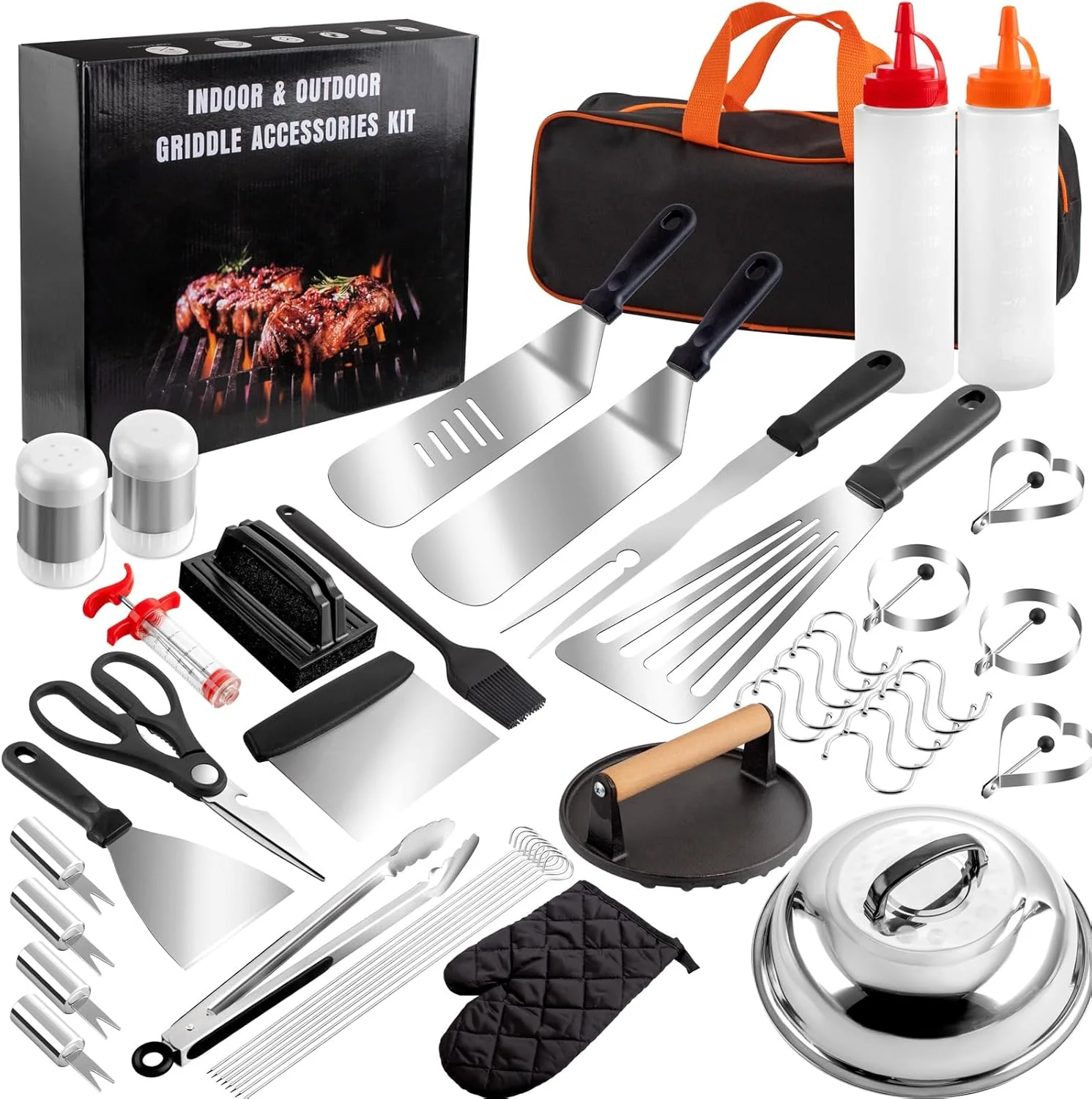 46pcs Blackstone Griddle Accessories Upgraded Barbecue Presses Flat Top Grill Tools for Camp Chef Griddle Cover Salt and Pepper Shakers Grill Black Tools Set Enlarged Spatula Gift Set (46 Pieces) — view 11