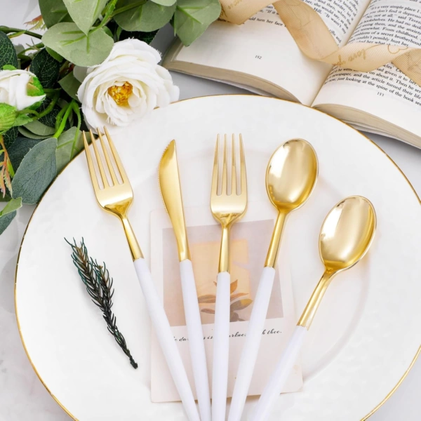 Gold Cutlery Set with White Handles — view 14